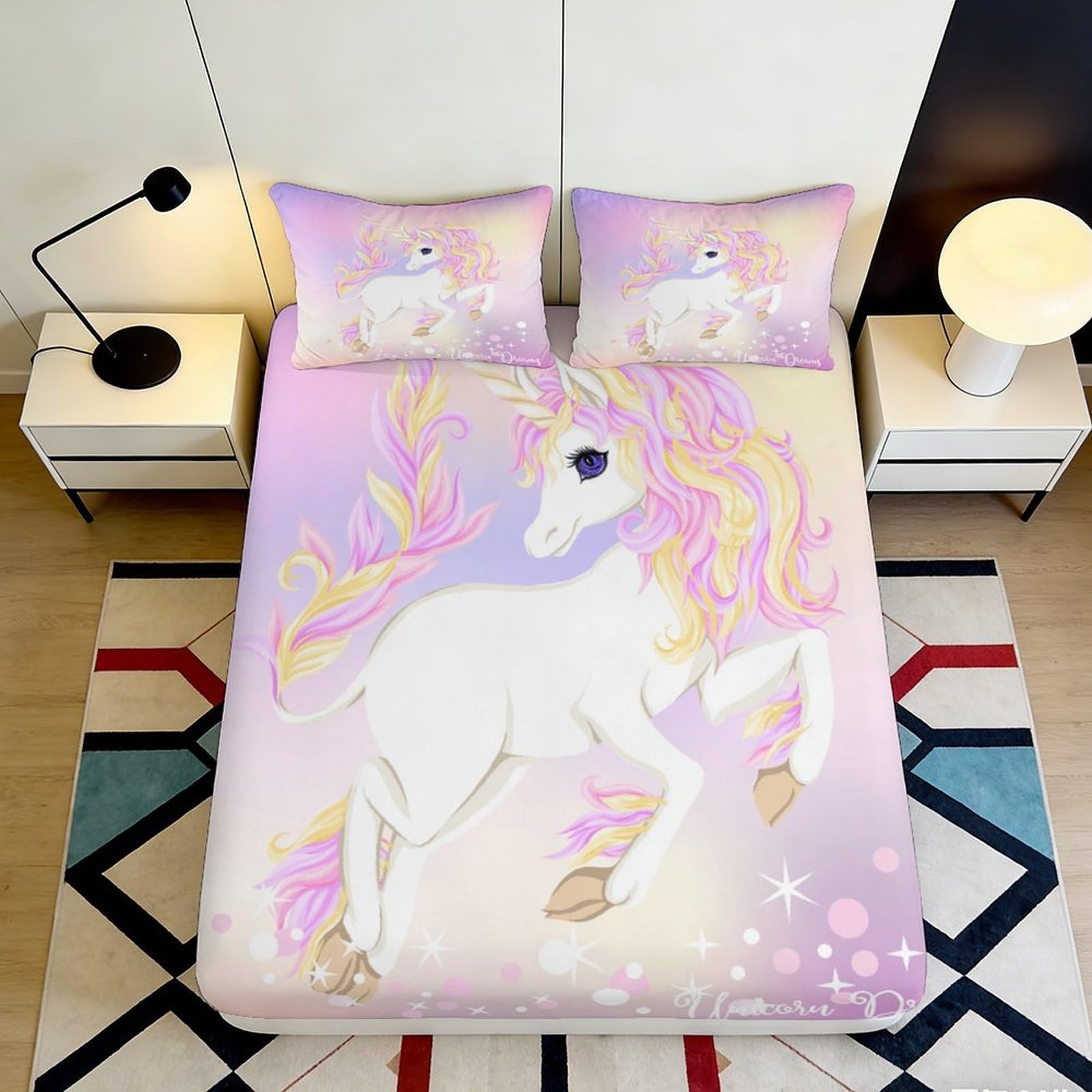 3D Printed Unicorn Pastel Rainbow Fitted Sheet Microfiber Soft Non-Slip Bed Cover for Bedroom Dorm Mattress Decor 180x200x25cm