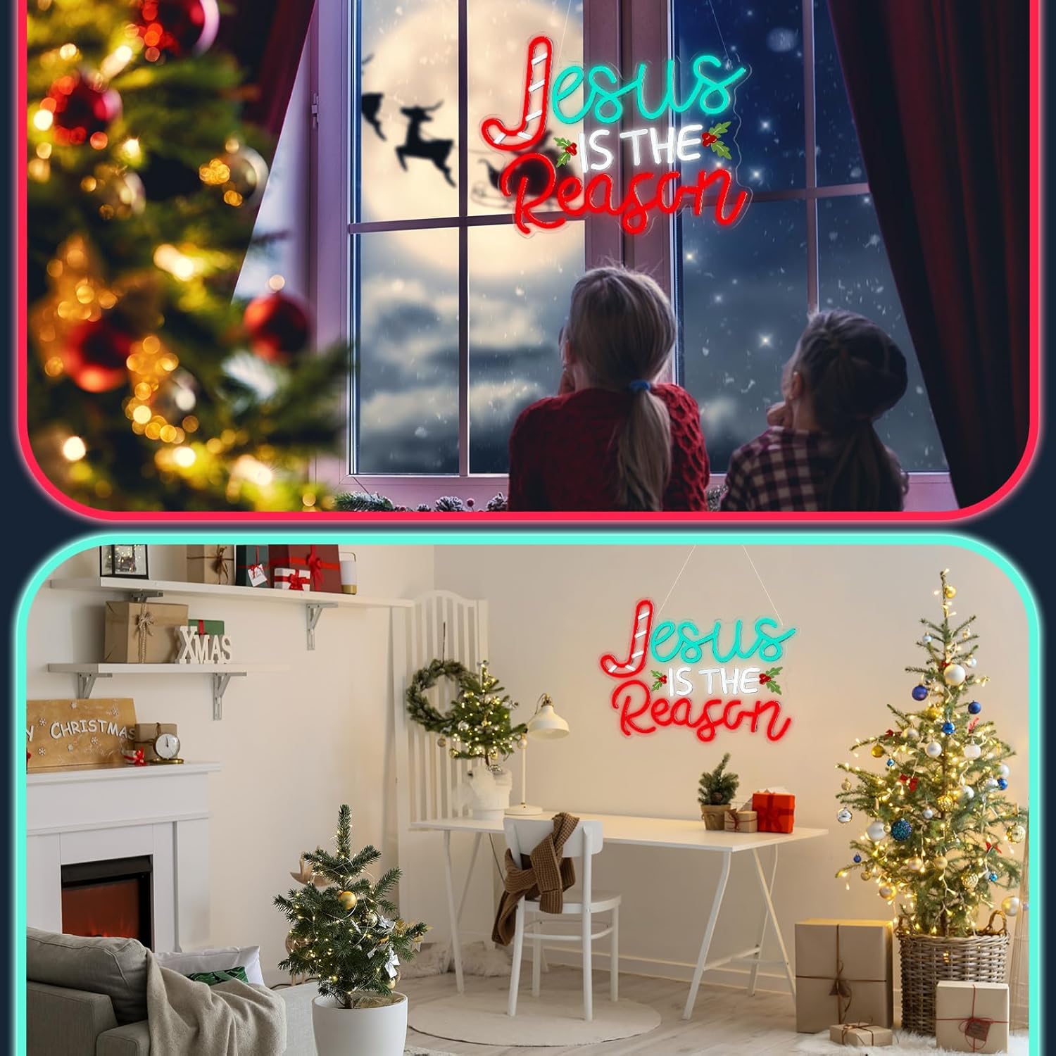 Huquary Jesus Is the Reason Neon Sign Christmas LED Sign Lighted Wall Art Decoration Neon Light USB Powered for Ceremony Party Bar Home Birthday Bible Church Decor Gift(Classic)