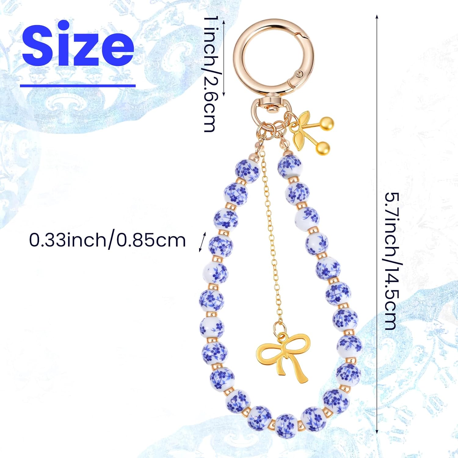 Ceramic Bead Keychain Wristlet for Women,Cherry Bow Bag Charm Aesthetic Purse Charms,Vintage Style Bracelet for Car Keys & Handbags - Image 2