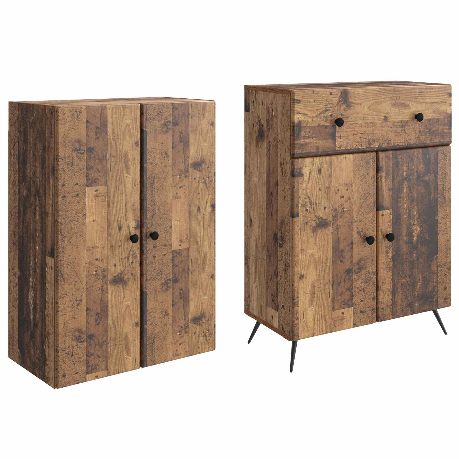 2-teiliges Möbelset Wohnzimmer Altholz-Optik Wohnwand mit Schrank und Sitzbank, Modernes Design Set für Flur und Esszimmer mit 4 Türen 4 Regalböden 1 Schublade