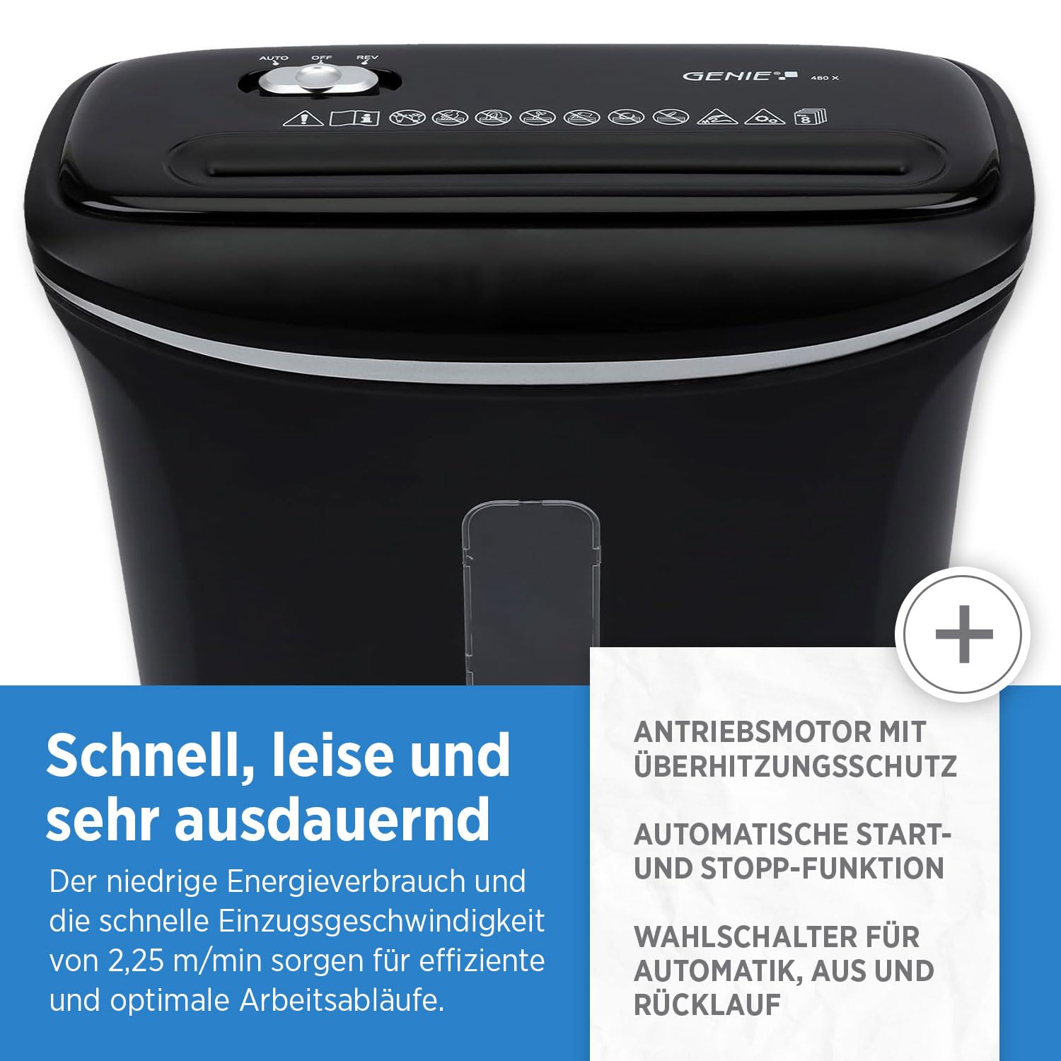 Genie Trituradora de papel 480X, 8 hojas, corte en partículas, nivel de seguridad P-4, función de arranque y parada automática, papelera de 12 L, protección contra sobrecalentamiento, trituradora de