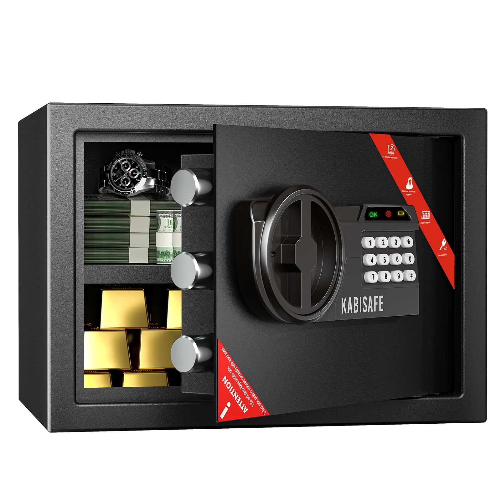 17l safe and lock, fireproof safe with sensor light and double digital keyboard, security key lock, cabinet safe for dorm, hotel, office, cash, documents, jewelry