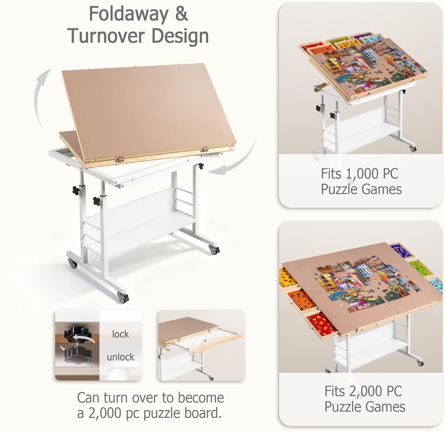 Tektalk 2000 Piece Foldable Jigsaw Puzzle Table with Angle & Height Adjustment, Jigsaw Board with 2 Felt Cover & 8 Sorting Drawers, Puzzle Easel with Legs, Enclosed with 4 Roller Wheels (White)