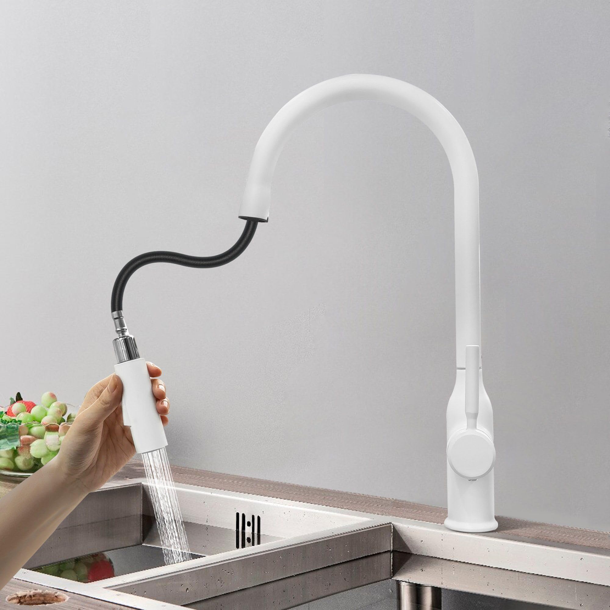 Grifo de Cocina para Lavabo, Grifo mezclador de Baño, Grifo de Cocina, con Dos Funciones de Pulverización, Giratorio 360°, con Ducha Extensible, para Baño Cocina (Blanco)