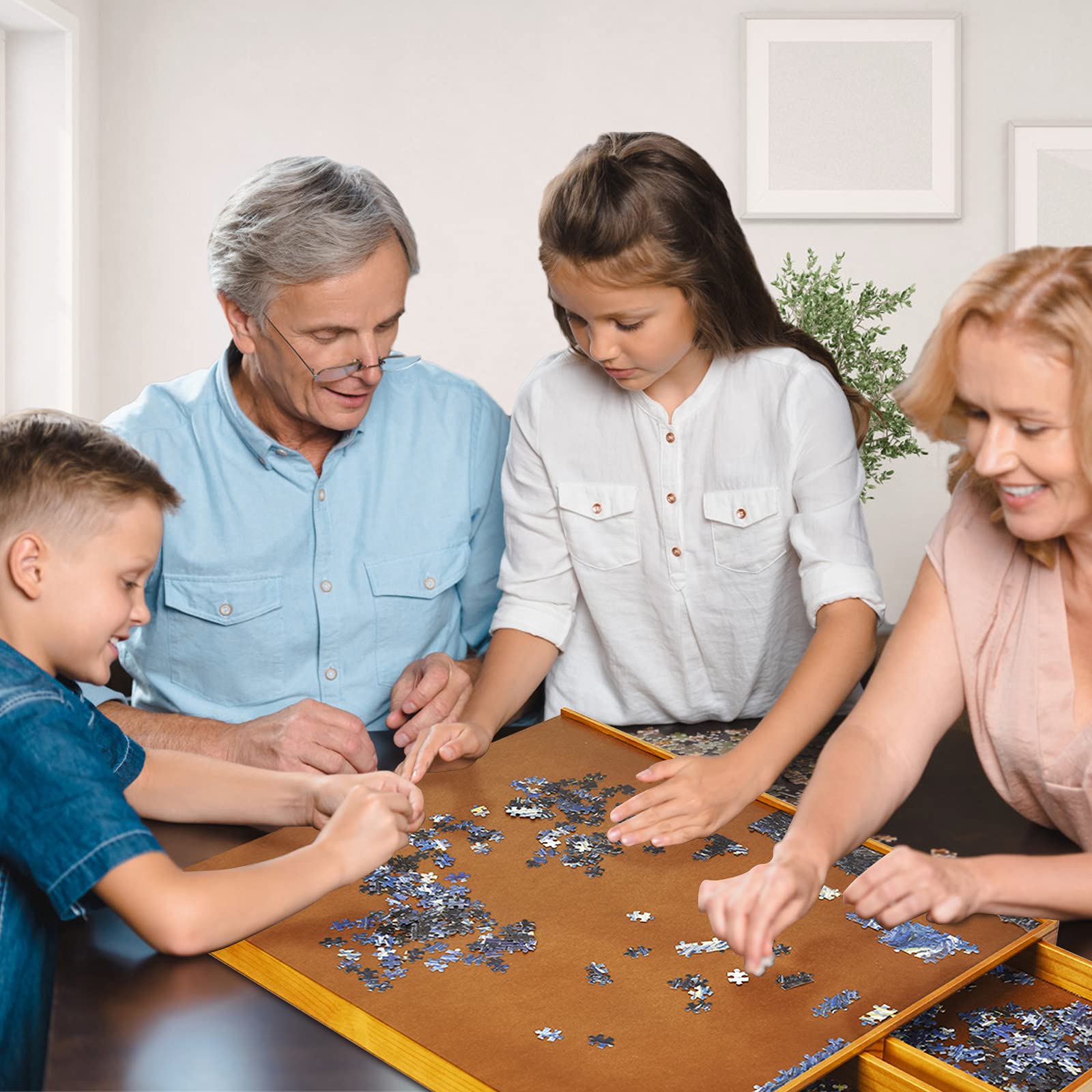 GOPLUS Puzzle Mesa de Madera con 4 Cajones para Almacenamiento, Juego de Mesa Puzzle Tablero Equipado Paneles Laterales, Transportable Puzzle Tablero Superficie Lisa, Madera