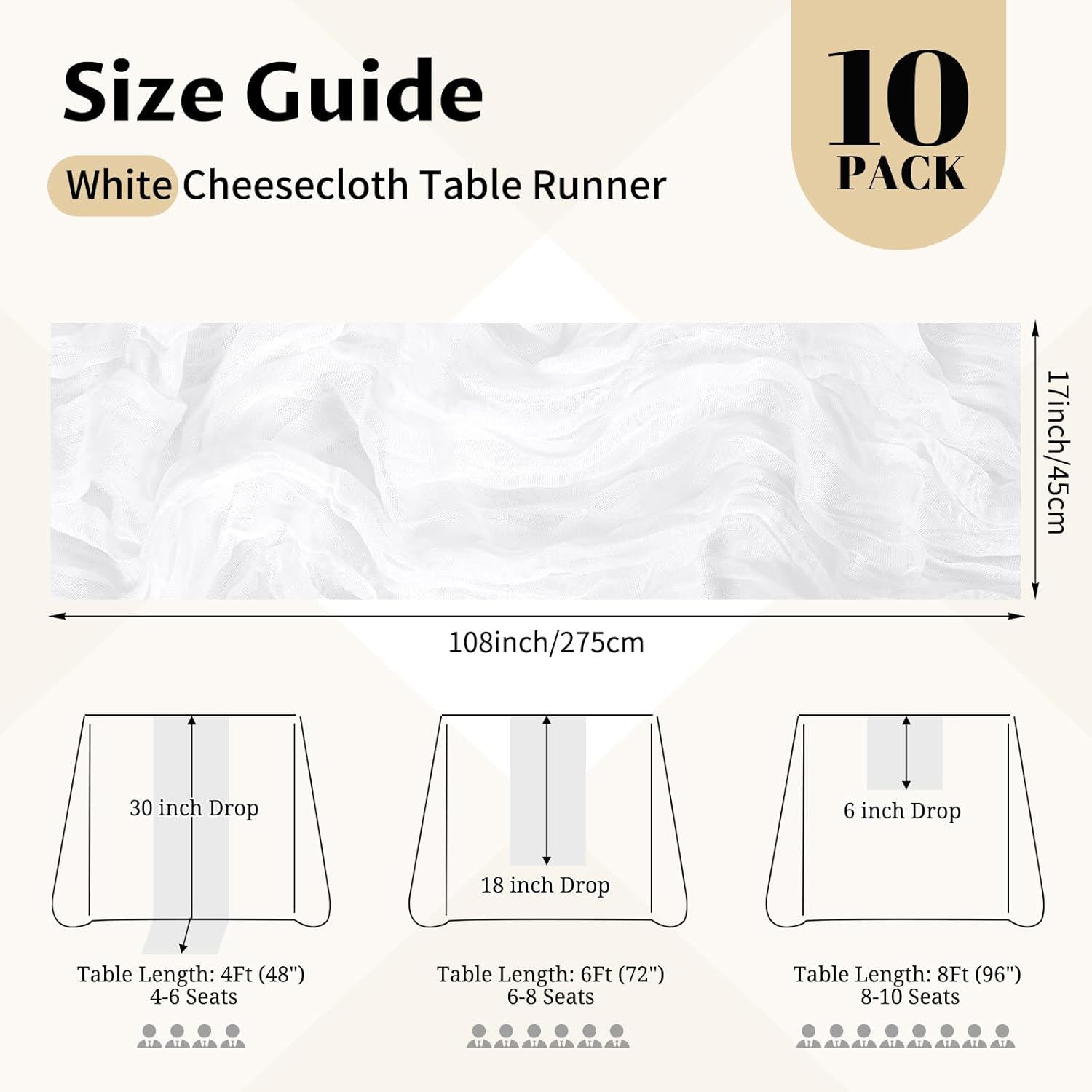 10 Pack White Cheesecloth Table Runner 17x108 Inch Semi Sheer Boho Gauze Cheese Cloth Table Runners, for Wedding Bridal Shower Birthday Party Home Decor Garden Farmhouse