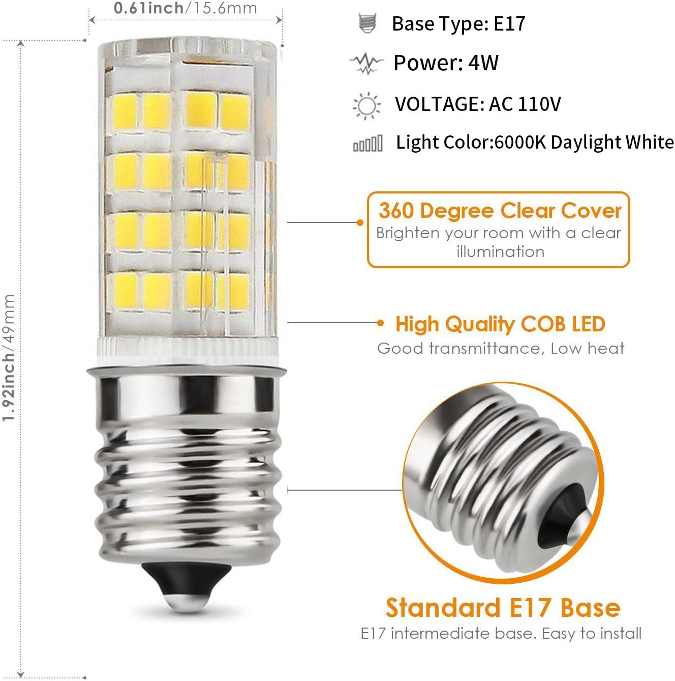 Ceramic E17 LED Bulb for Microwave Oven Appliance, 4W (40W Halogen Bulb Equivalent), Daylight White 6000K, Pack of 2