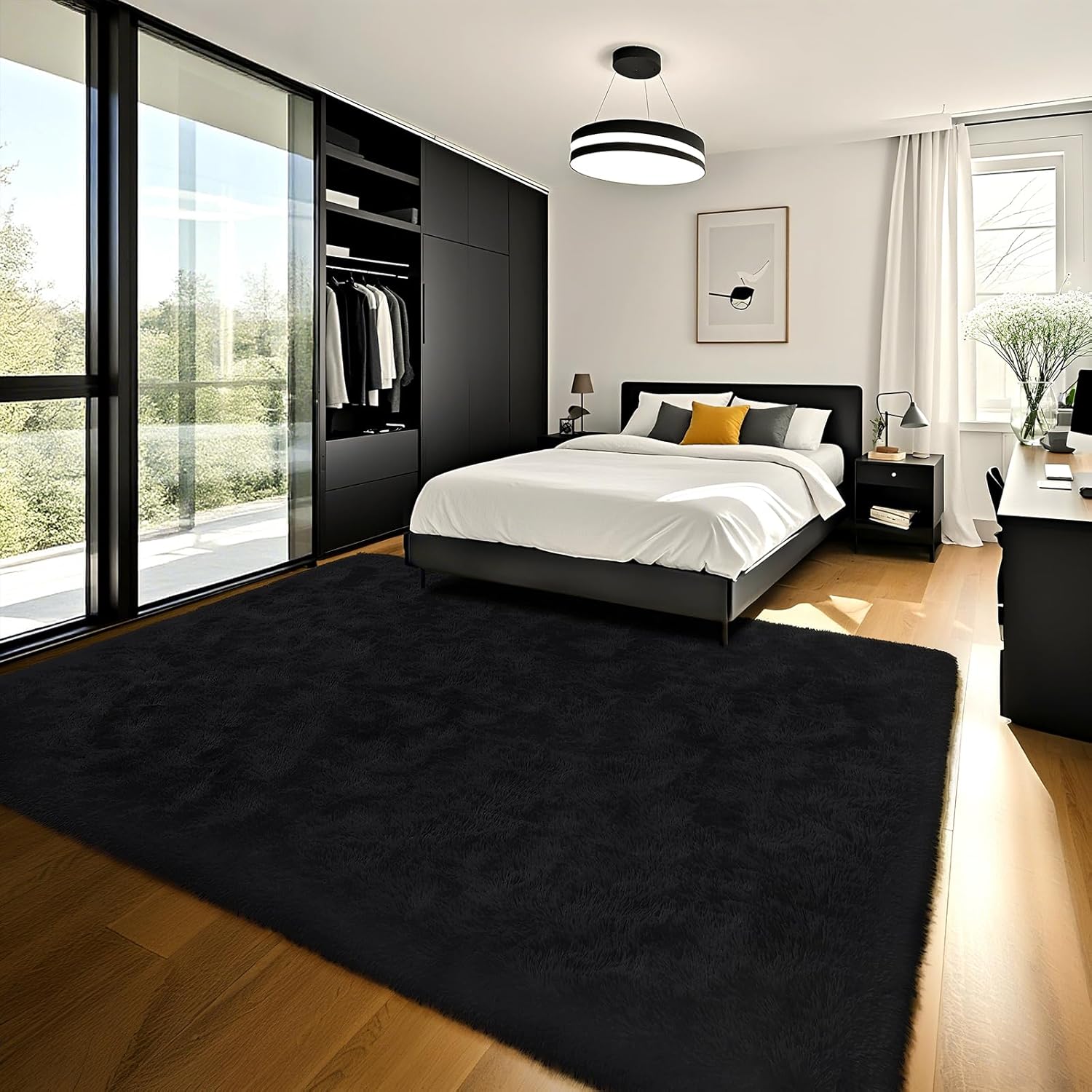 HOMORE 9x12 Rug for Living Room, Black Rugs for Bedroom Fluffy Large Rug for Kids Playroom Classroom, Modern Shaggy Rugs and Carpets for Farmhouse Dining Room Decor