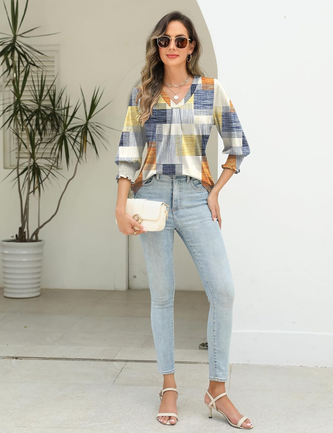 AKEWEI 3/4 Length Sleeve Womens Tops Summer Fashion V Neck Business Casual Blouses Smocked Shirts - Image 4