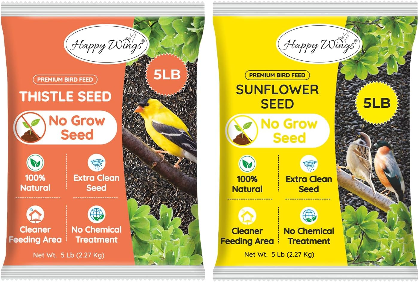 Happy Wings Nyjer Seed & Sunflower Seeds Wild Bird Food Combo - 5 Pound Pack I No Grow Seed I Bird Food for Wild Birds