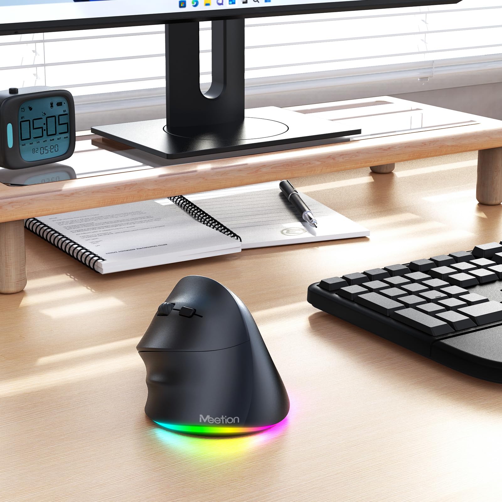 MEETION Mouse per mancini, Mouse ergonomico Mouse verticale senza fili RGB Ricaricabile per Bluetooth (5.2 + 3.0) e USB-A con adattatore Type-c 4 DPI regolabili per Mac/Windows/Andriod/PC/Tablet
