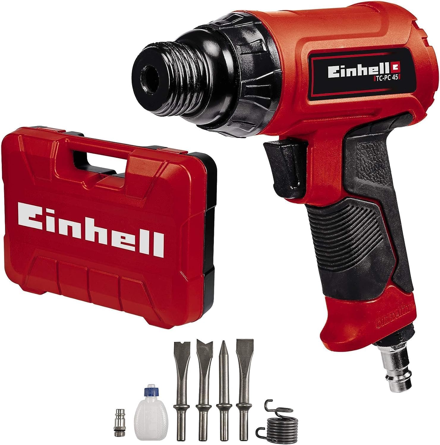Einhell Scalpello pneumatico TC-PC 45 (pressione max 6.3 bar, portata aria 113 L/min, giri min 4500, corsa 43 mm, incl. set 4 scalpelli da 120 mm e boccetta d'olio)