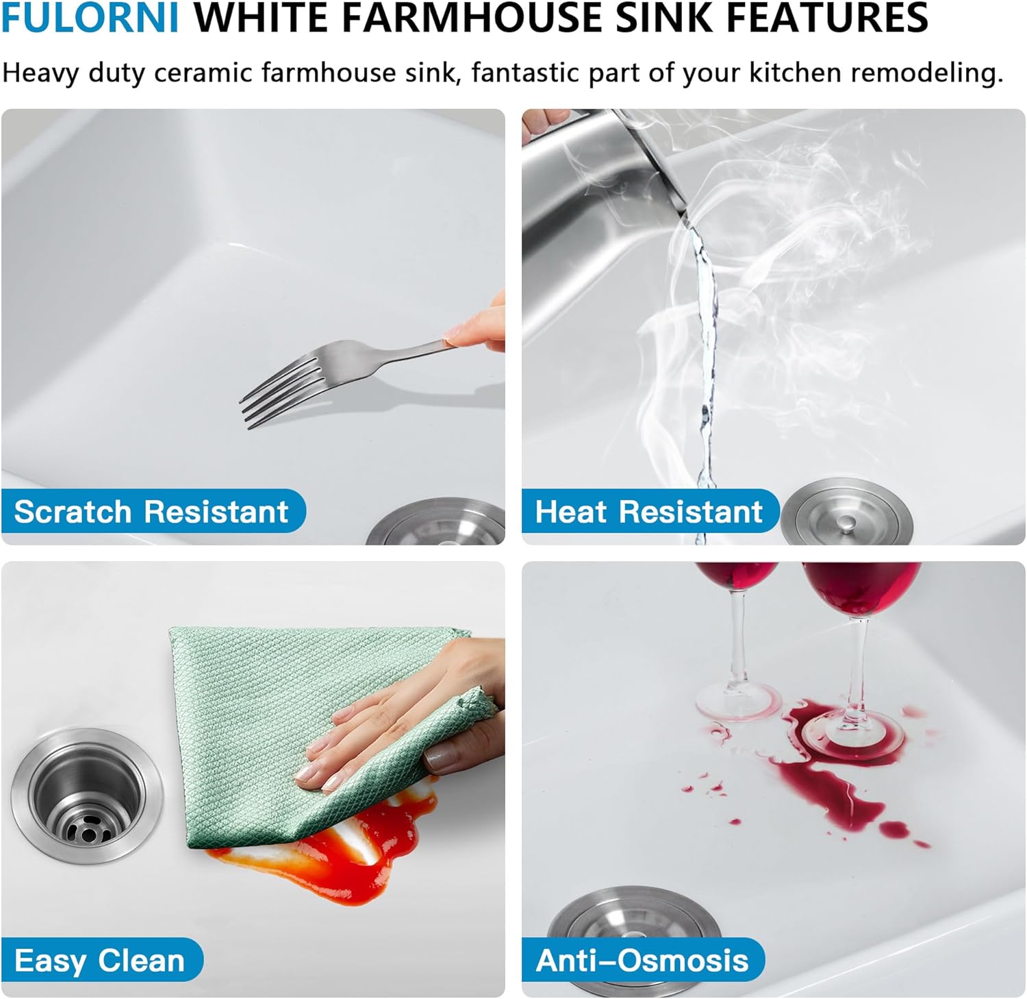 33"x20" White Farmhouse Sink Double Bowl – Reversible Apron Front Workstation with Slide Ledge, High-Gloss Fireclay Porcelain Ceramic Farm Kitchen Sink, 50/50 Basin