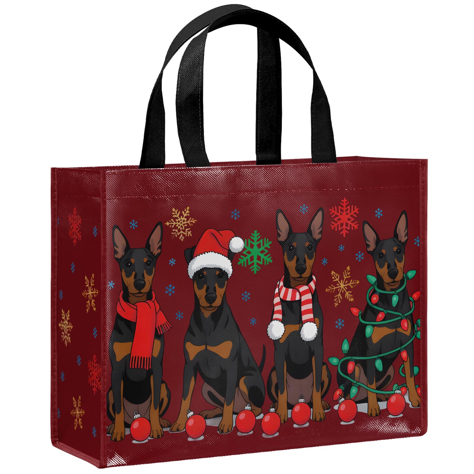 Loveinside 13" Large Christmas Dog Reusable Gift Bag, Red Festive Doberman Dog Design Recycled Gift Bag with Handles for Kids Boys Girls, Pet Lovers, Holiday Party Favors, 13" x 5" x 10", 1 Pcs — image 1