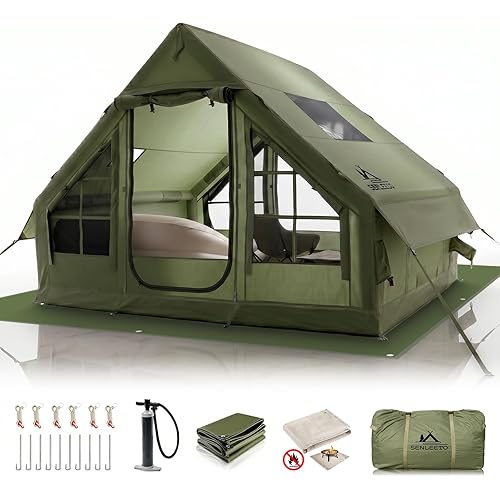 Inflatable Camping Tents 4/6/8/10 Person, Large Inflatable Hot Tent with Stove Jack, 4 Season Blow up Tent with Waterproof Canopy/Ground Tarp, Anti-Moisture Matress for Camping Outdoors