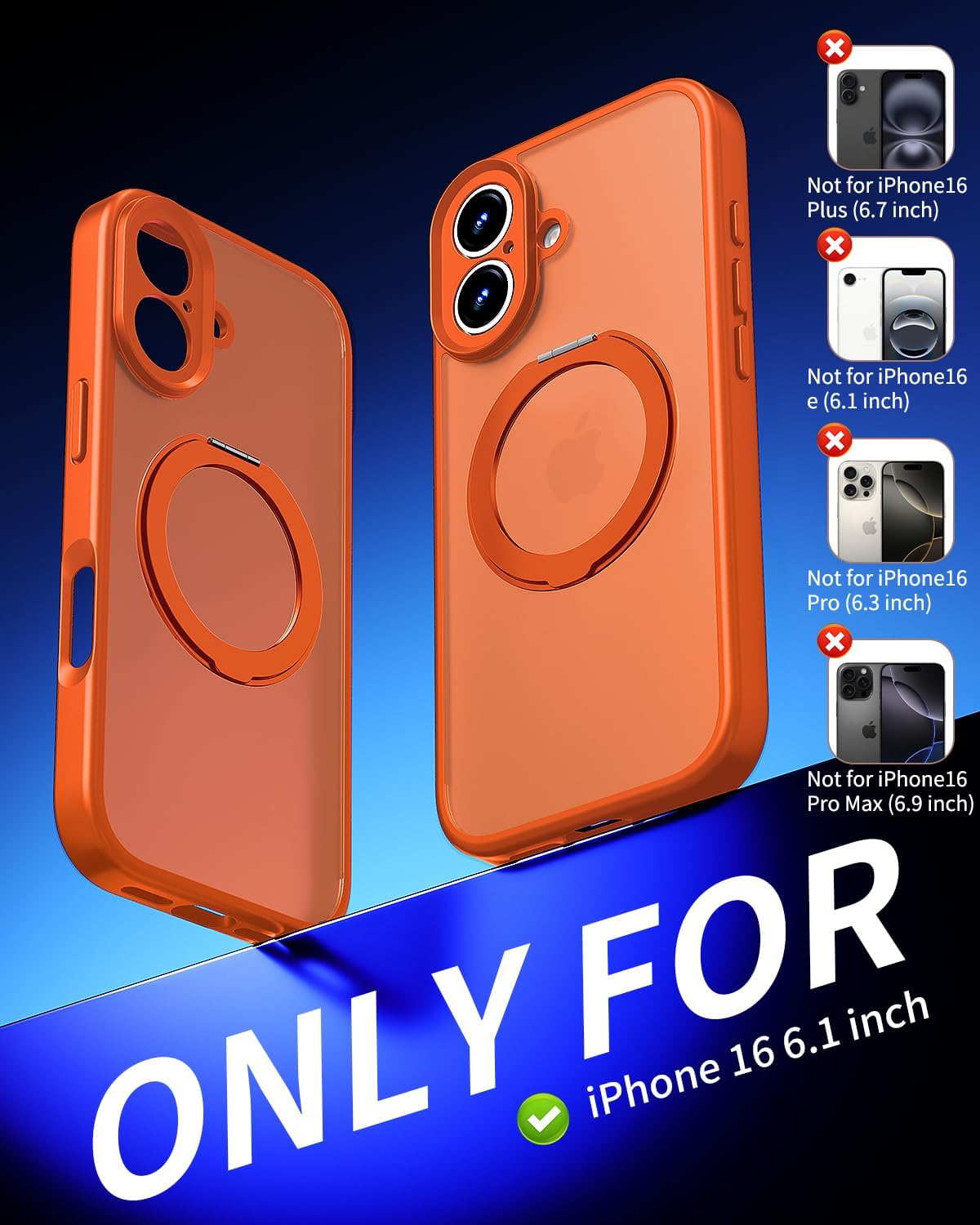 for iPhone 16 Case Upgraded 360° Spin Magnetic Stand, Compatible with Magsafe, Military Protection, Full Camera Protection, Translucent Matte Phone Case for iPhone 16 Orange