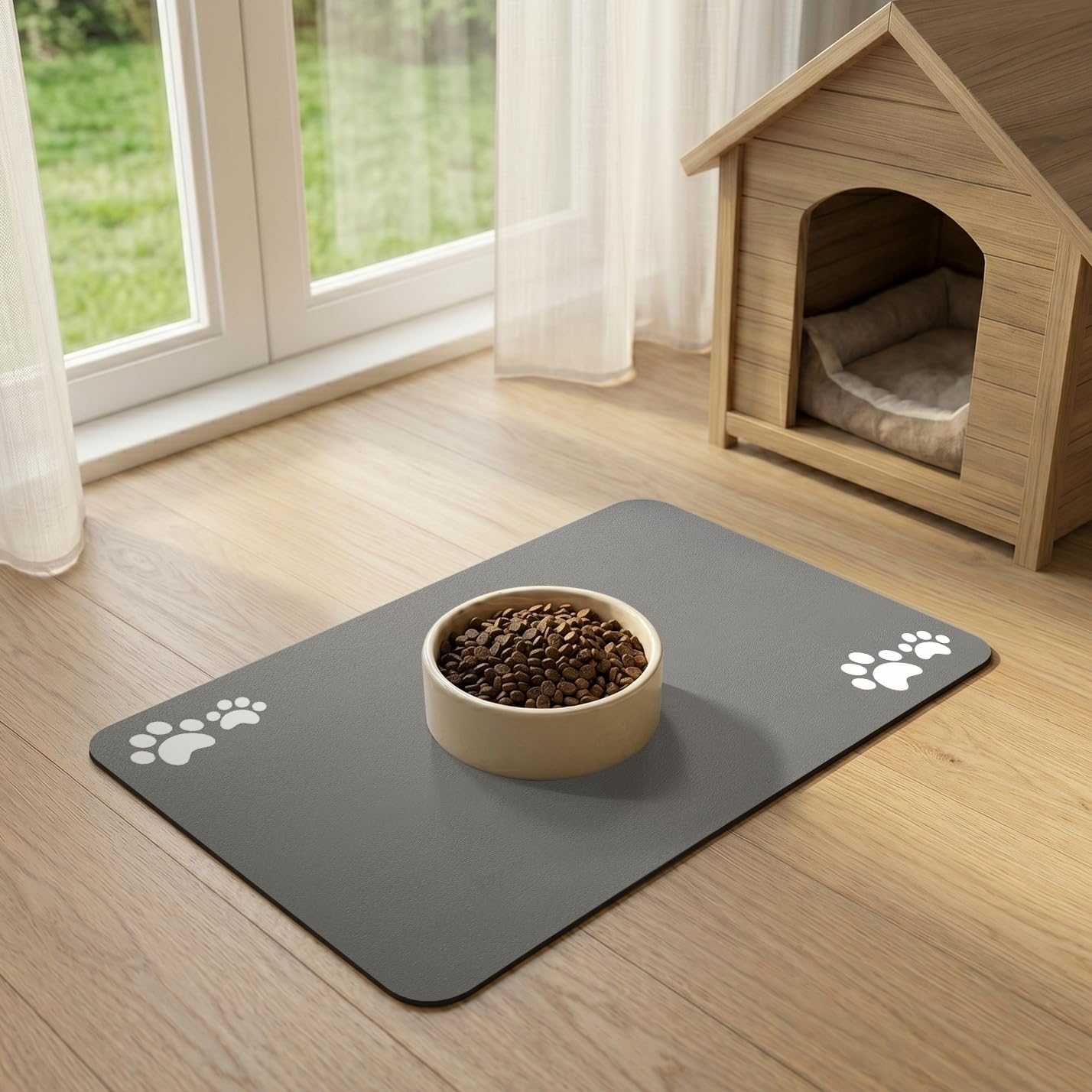 Pet Feeding Mat, Absorbent Dog Bowl Mat Cat Food Mat, Quick Dry No Slip Pet Placemat for Food and Water Bowl, No Stains Dog Cat Food Mat Rubber Backing (Grey, 30x50cm)