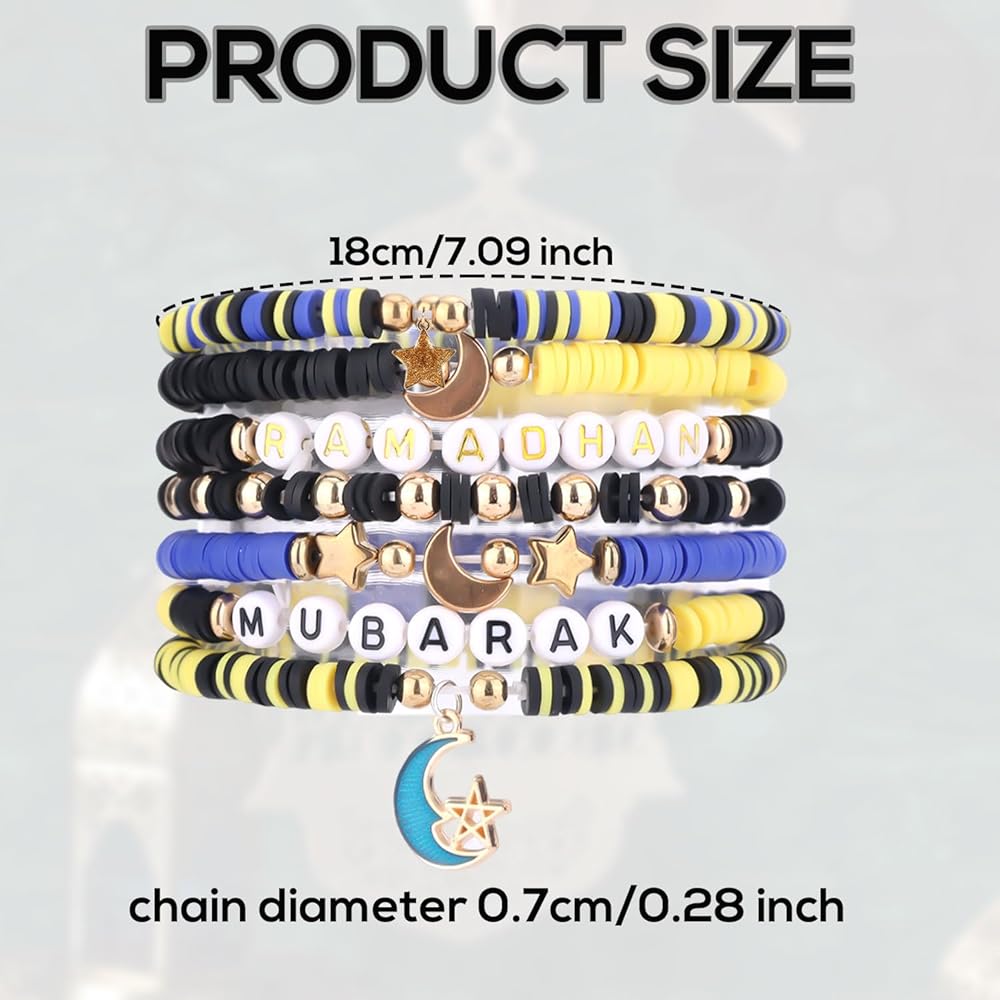 Set 7 Braccialetti Ramadan Con Luna E Stelle – Gioielli In Argilla Polimerica E Metallo, Regali Per Donne, Festa Mubarak, Bomboniere - 2