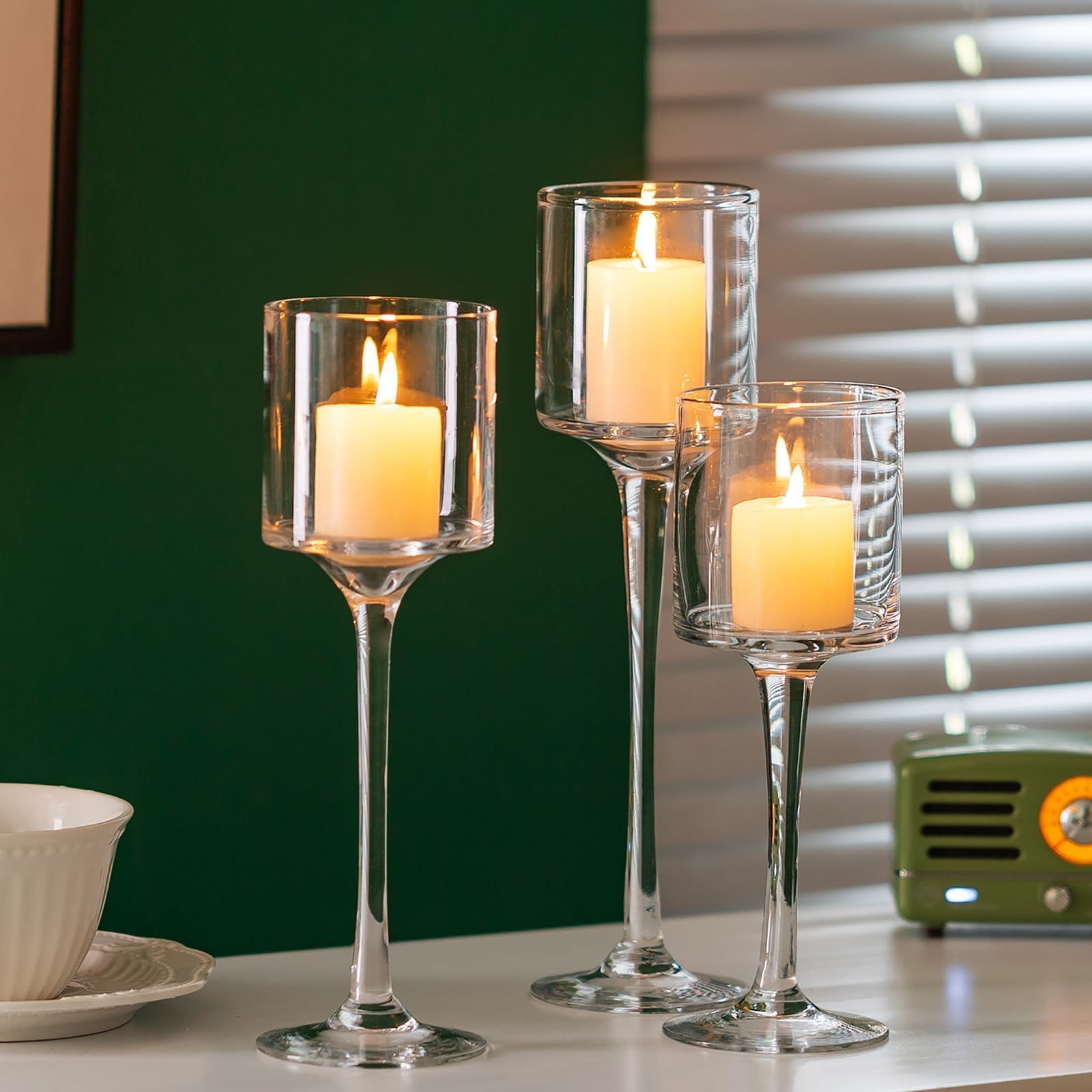 Romadedi Porta Candele Vetro Portacandele Alto - da Tavolo Porta Tealight Set di 3 Portalumini Moderno Design per Centrotavola Decorazioni per la Casa Natalizio Nozze 20/23/26 cm