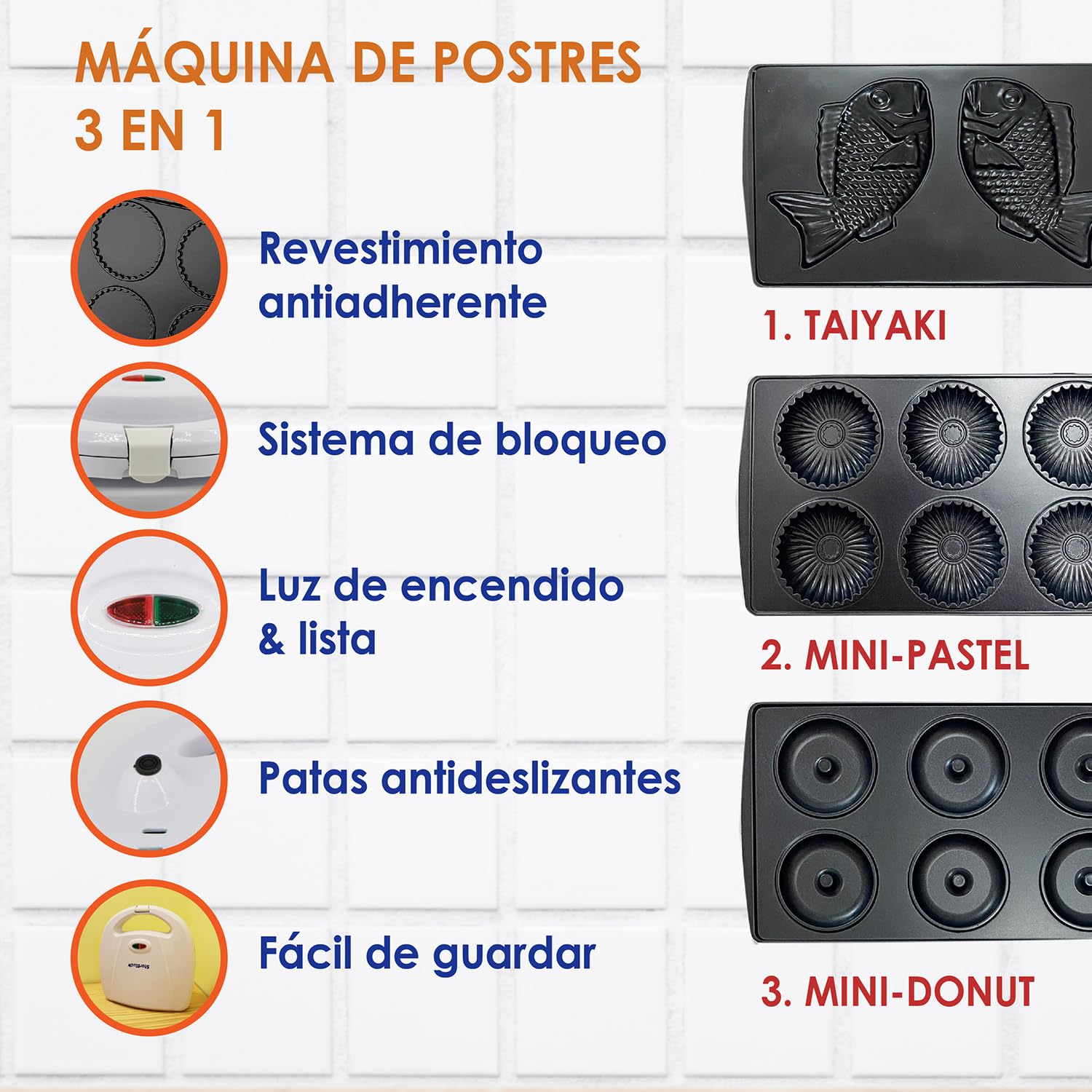 StarBlue - Máquina para hacer minidonas, minitartas y quiches, perfecta para cocinar taiyakis y postres, con 3 placas desmontables, blanco, CA 220-240 V, 50/60 Hz y 700-800 W