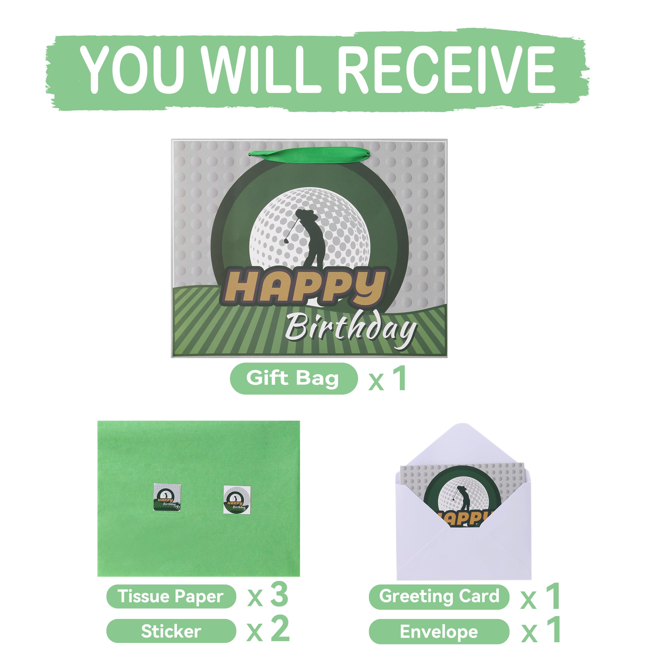 13” Large Golf Birthday Gift Bag Set with Handles, Greeting Card, Blue Tissue Papers for Men Boys Golfers for Golf Party Favors, Sports Themed Design, 1 Pcs