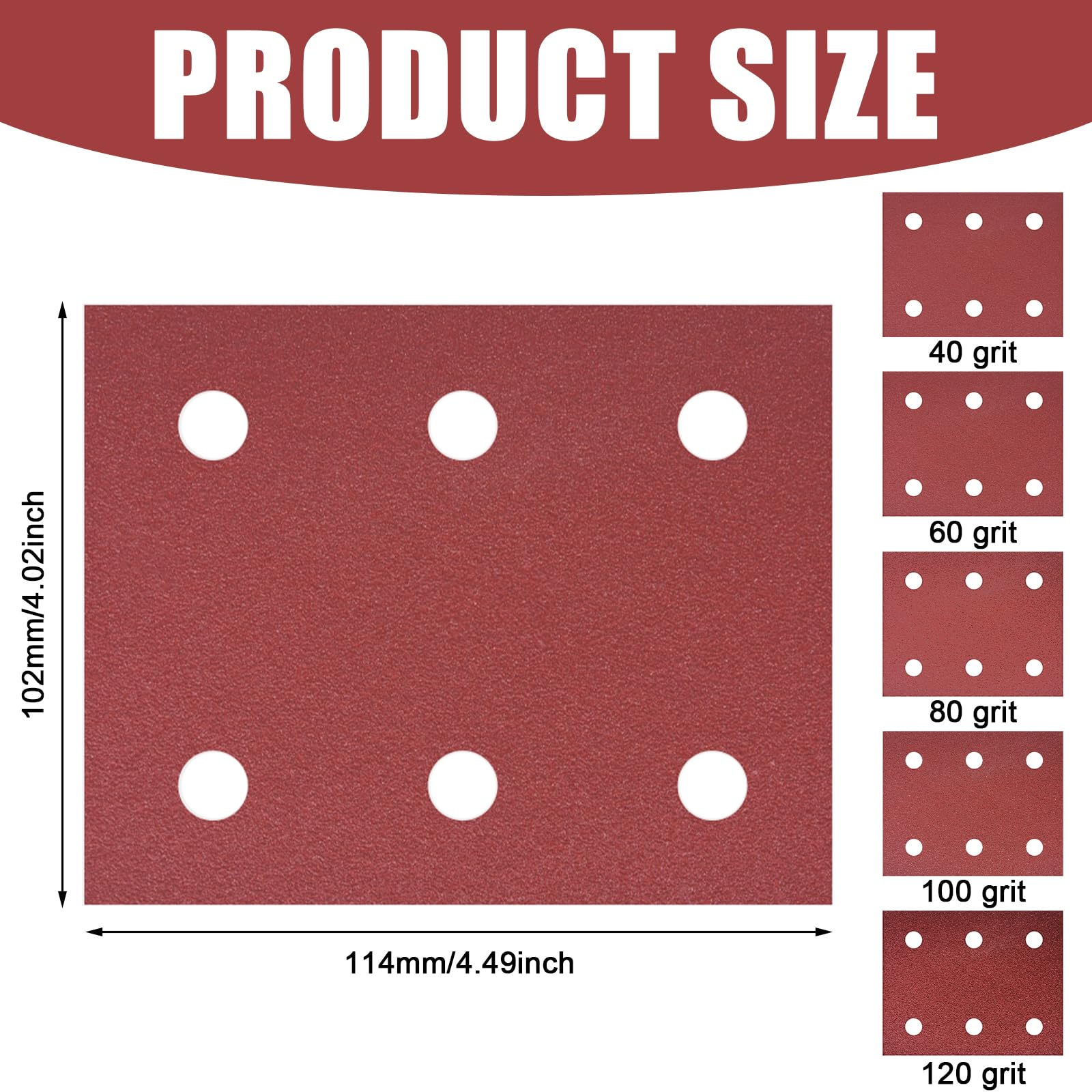 50 pezzi Set di carta abrasiva, carta abrasiva con velcro 102mm*114mm, grana 40/60/80/100/120 6 fori Set di fogli abrasivi Compatibile con Makita BO4555 BO4554 BO4561