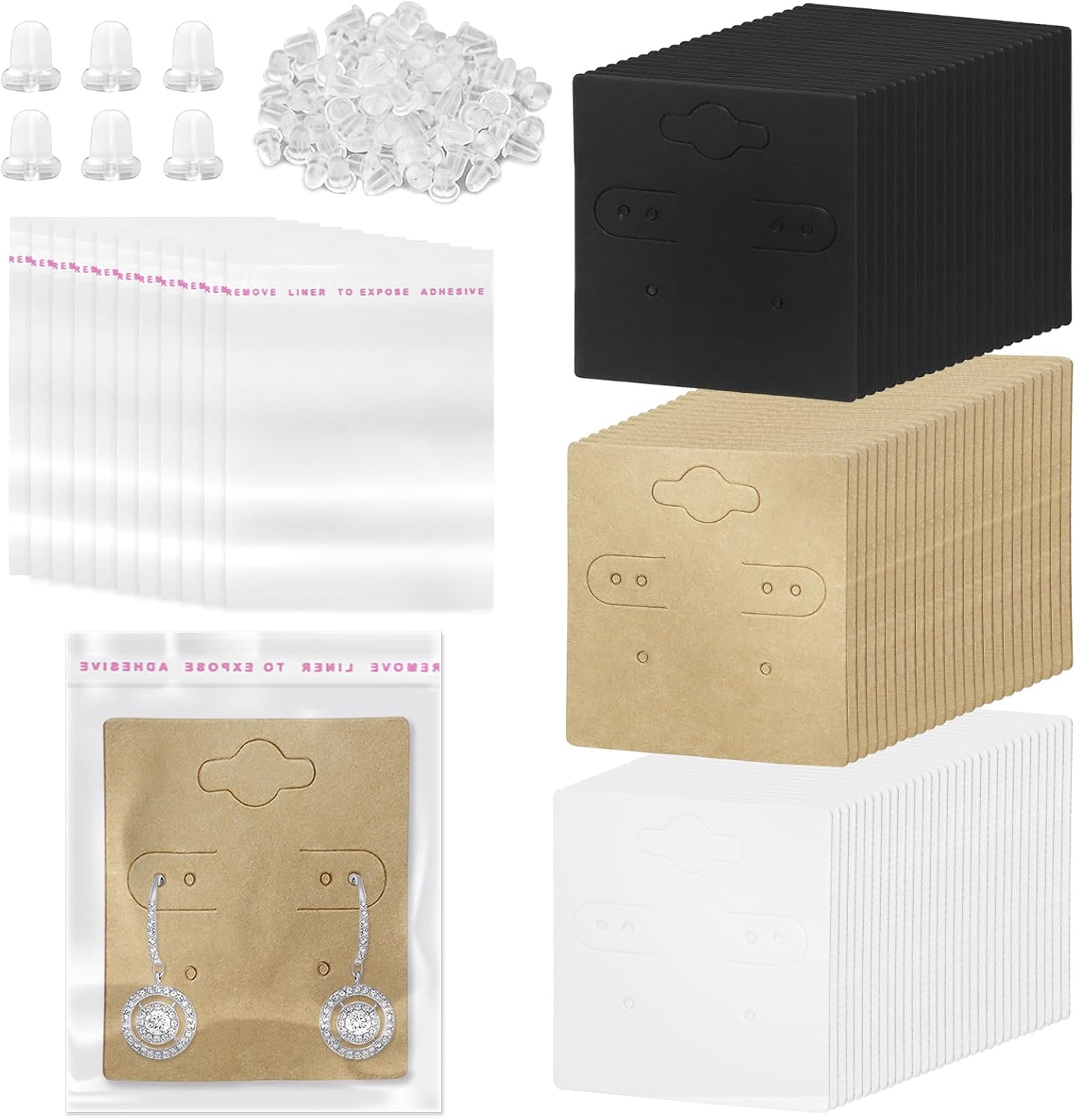Keadic 550Pcs 2" x 2" Earring Display Holder Cards With Backs and Jewelry Package Bags - Kraft/White/Black Blank Paper Hanging Card With 6 Holes Fit 3 Pairs for Selling Handmade Jewelry