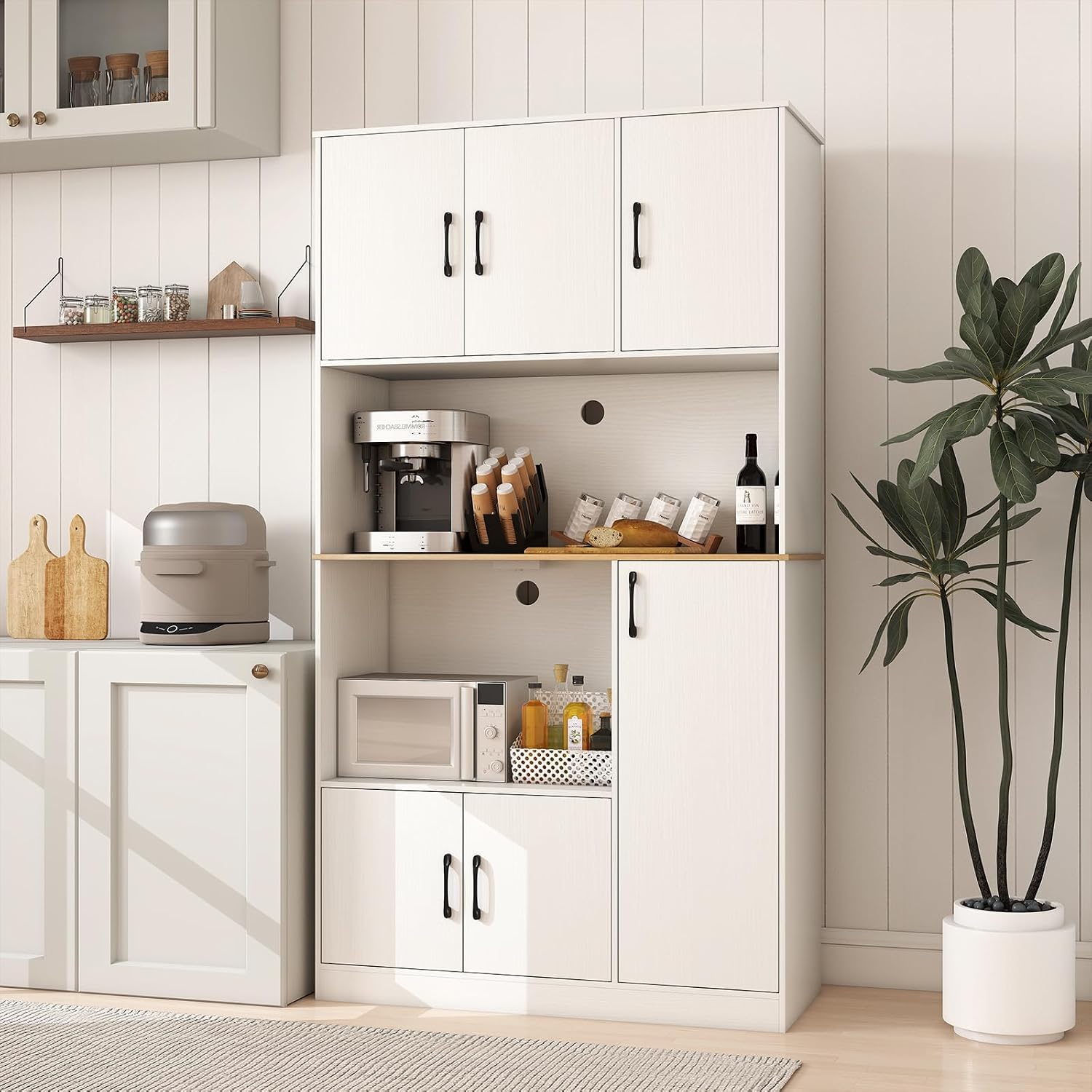 LOKO 71” Tall Kitchen Pantry Cabinet with Charging Station, Wooden Buffet Cupboard Sideboard with Microwave Stand & Doors, Modern Storage Cabinet for Dining Room, Living Room (White)