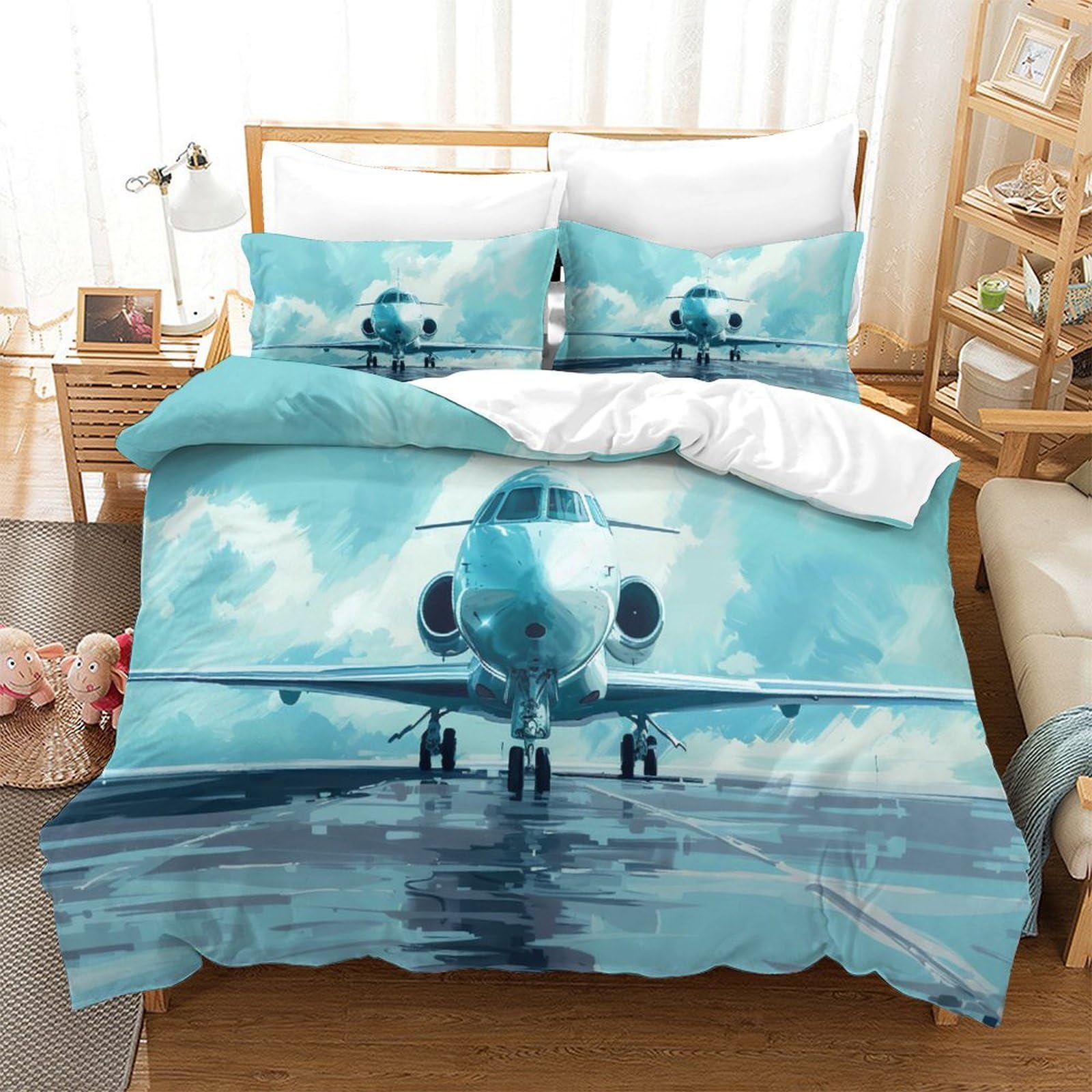 P1S9U7W5Y 3D Printed Airplane Pattern 3pcs Microfiber Duvet Cover Set Aviation Bedding Set King（220x240cm）