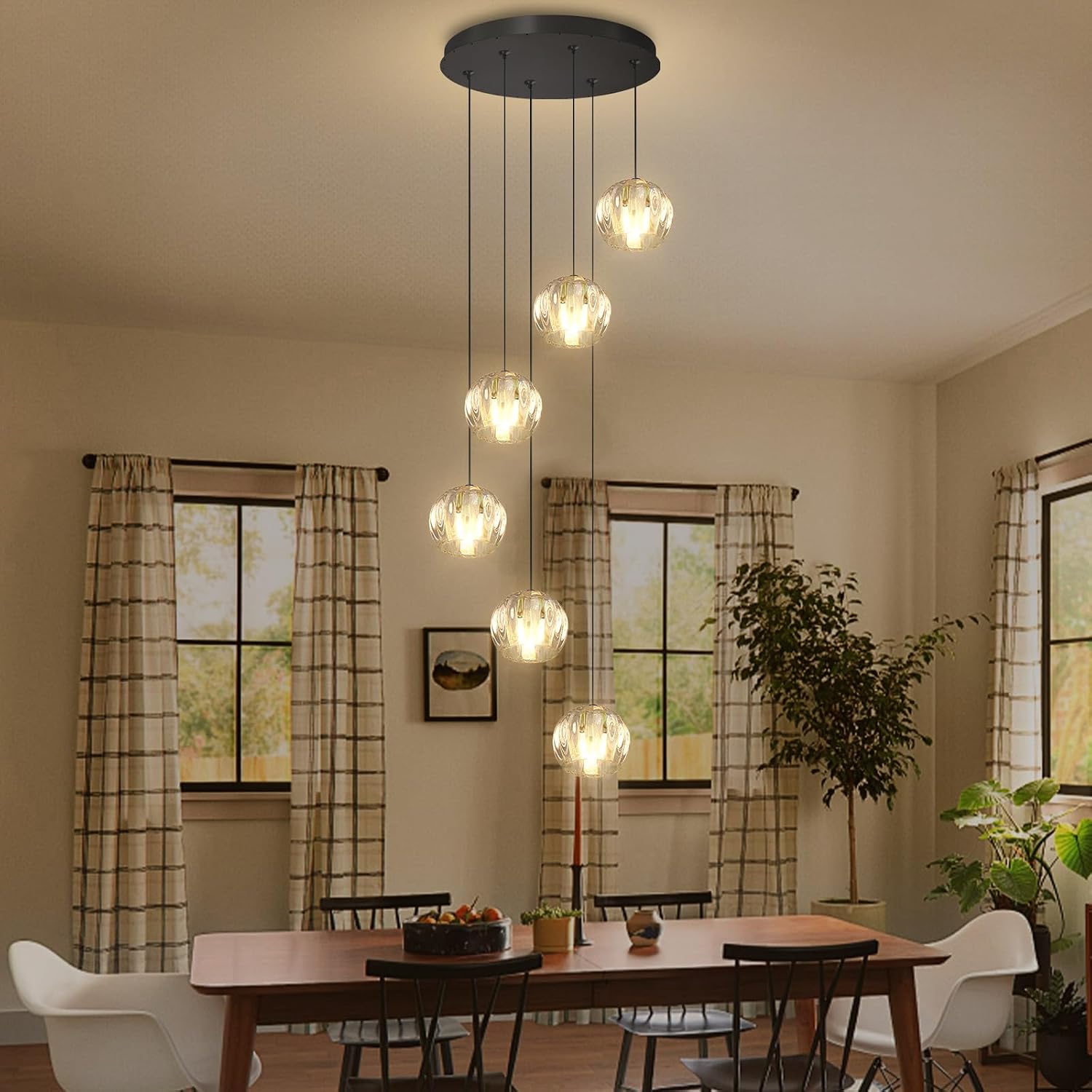 6 Light Modern Glass Chandeliers High Ceiling LED Dimmable Chandelier for Foyer Spiral Chandeliers for Staircase Living Room Black