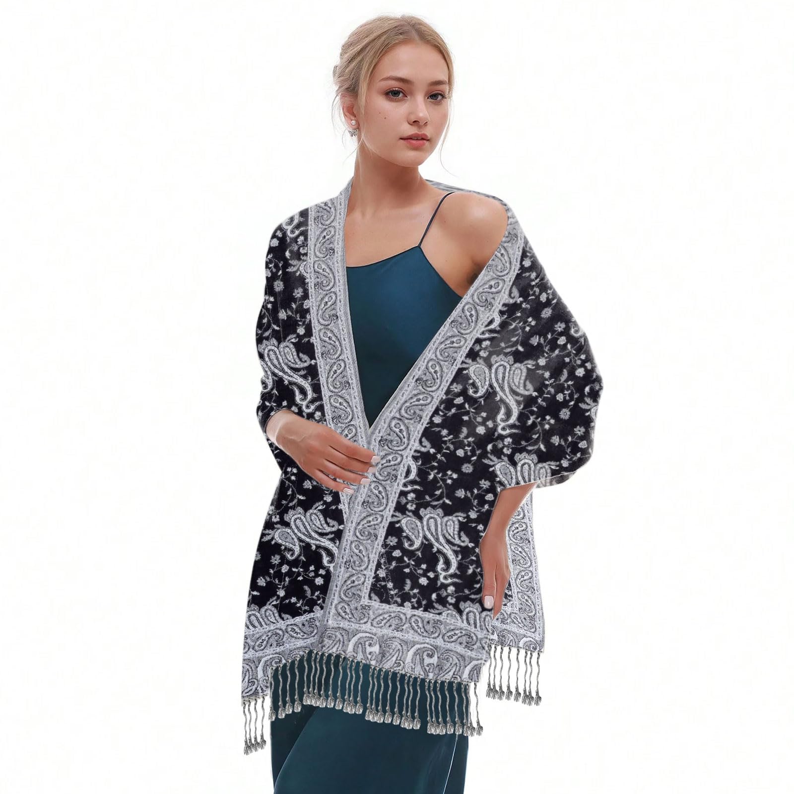 Risipu Women's Black Pashmina Shawls And Wraps Jacquard Scarf Soft Silky Reversible Bohemian Shawl Scarf (Black)