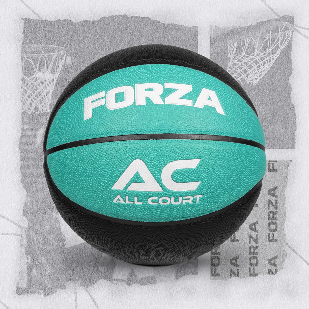 FORZA All Court Basketballs | Durable PVC Leather Basketballs with Traditional Pebbled Finish - Superior Grip and Consistent Bounce for Indoor & Outdoor Play (Pack of 1, Teal & Black, Size 7)