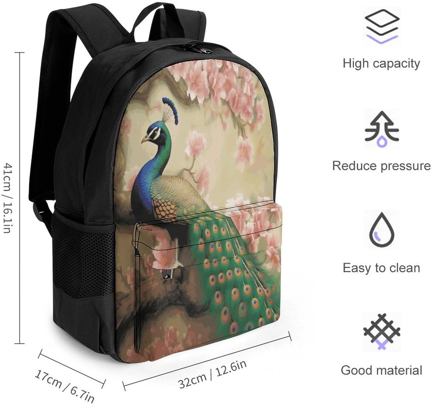 Oriental Peacock on Flower Tree Backpack Daypack Travel Backpack | Lightweight Casual Laptop Backpack for Women Men Aesthetic Travel Bag for Weekender Business Hiking Outdoor