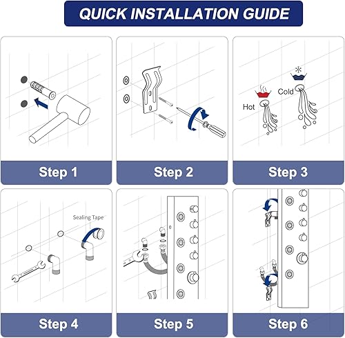 Miniatura 9 de ROVATE Sistema de panel de ducha tipo cascada, torre de ducha de acero inoxidable 304 con 5 chorros de masaje de cuerpo de lluvia y 3