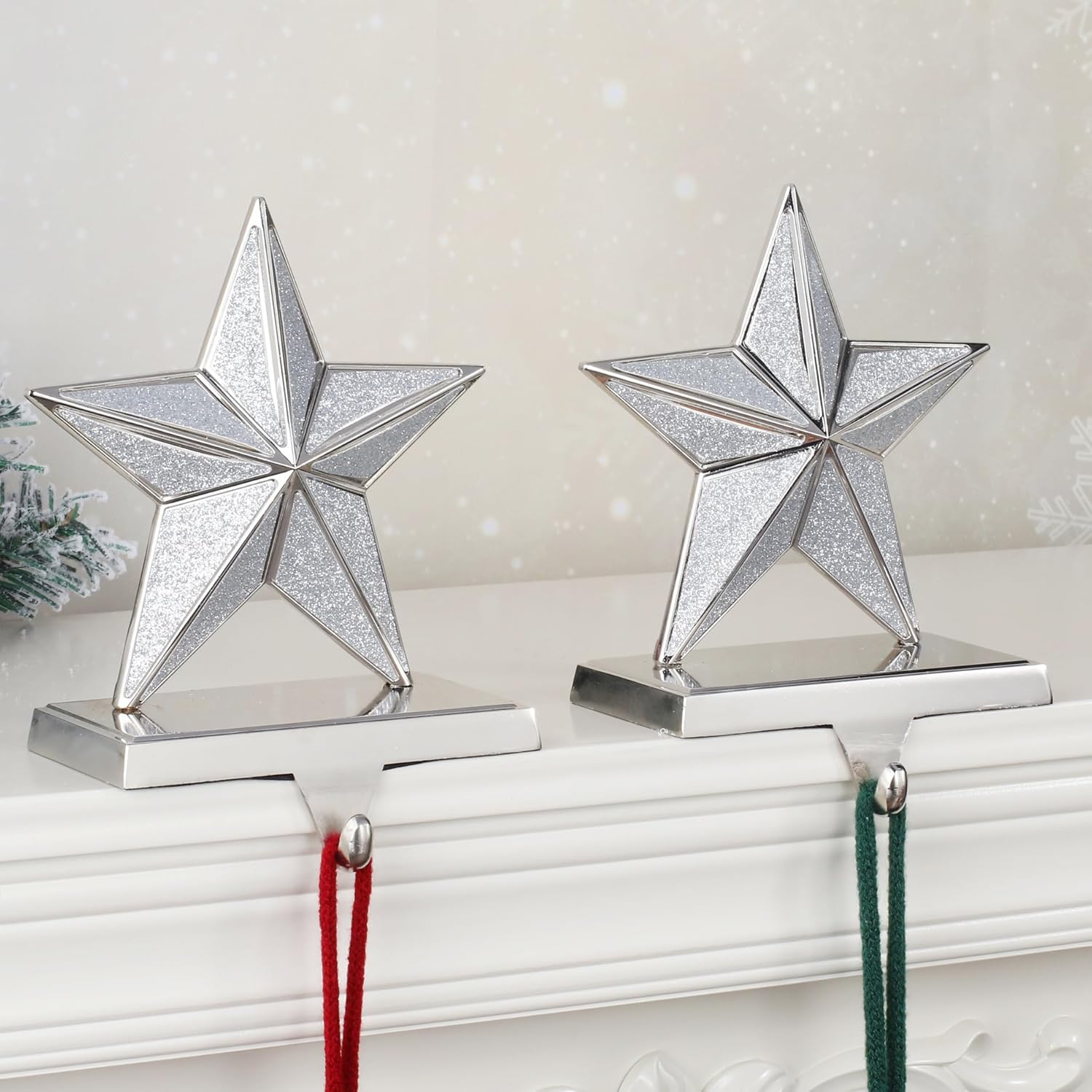 Christmas Stocking Holders – 2-Pack Christmas Tree Stocking Holders for Mantle – Metal Stars Stocking Holder Stand with Colored Stones – Durable and Stable Decorative Stand (Stars)