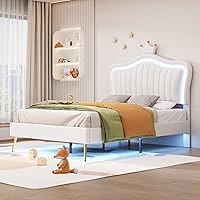 Vista 28 de Linique Base de cama tapizada de tamaño matrimonial con luces LED, moderna cama de princesa tapizada con cabecera corona, blanco y rosa