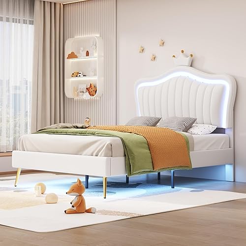 Miniatura 4 de Linique Base de cama tapizada de tamaño matrimonial con luces LED, moderna cama de princesa tapizada con cabecera corona, blanco y rosa