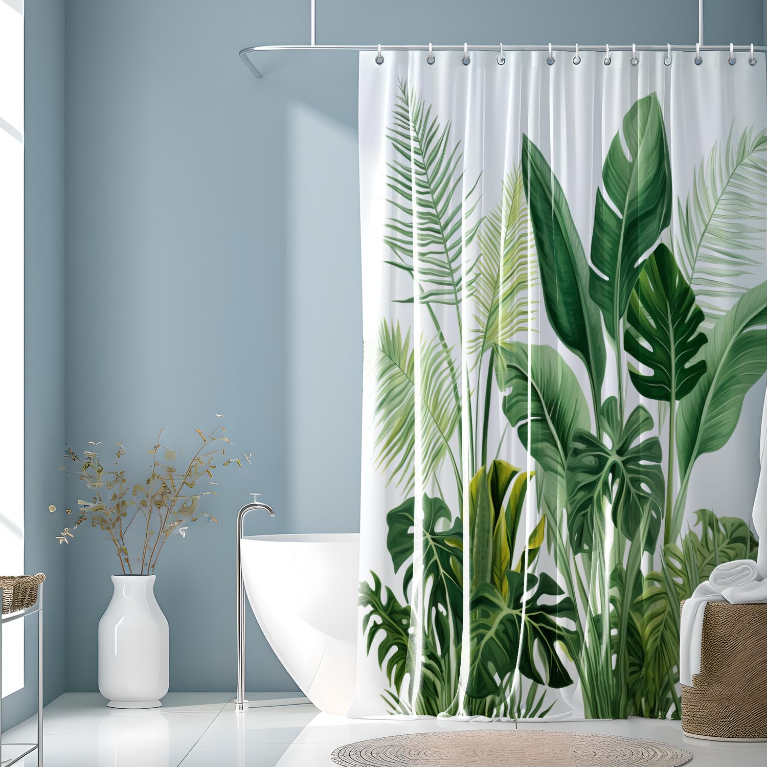 JINGYOU Cortina de Ducha,Cortina de Ducha Anti-Molde Estilo de Planta Verde,Cortinas de Baño Antimoho Impermeable Lavable,Dobladillo con Peso para Ducha y Baño,200x200 cm