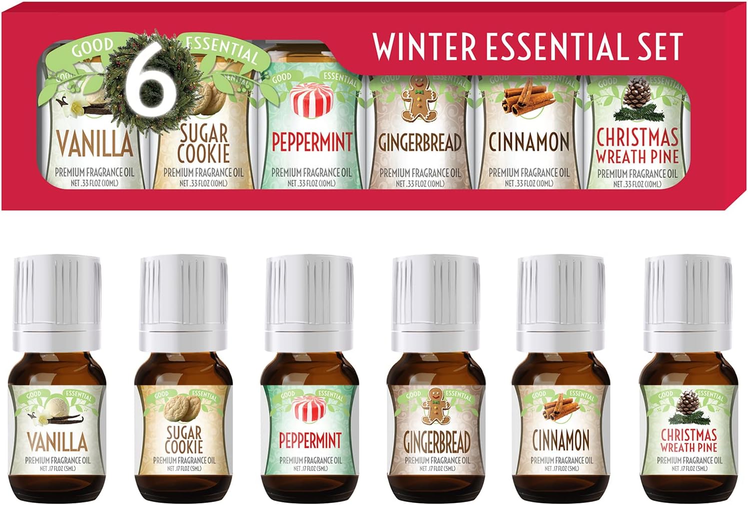 Winter Essential Oil Set of 6 Fragrance Oils - Christmas Wreath Pine, Vanilla, Peppermint, Cinnamon, Sugar Cookie, and Gingerbread by Good Essential Oils : Health & Household