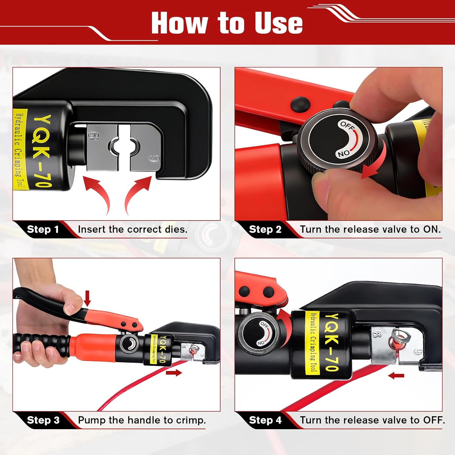 10 Ton Hydraulic Crimping Tool Set, 12 AWG–2/0 AWG Electrical Terminal Cable Crimper with Hardened Steel Jaws, Auto-Return Spring, 9 Dies & Carry Case
