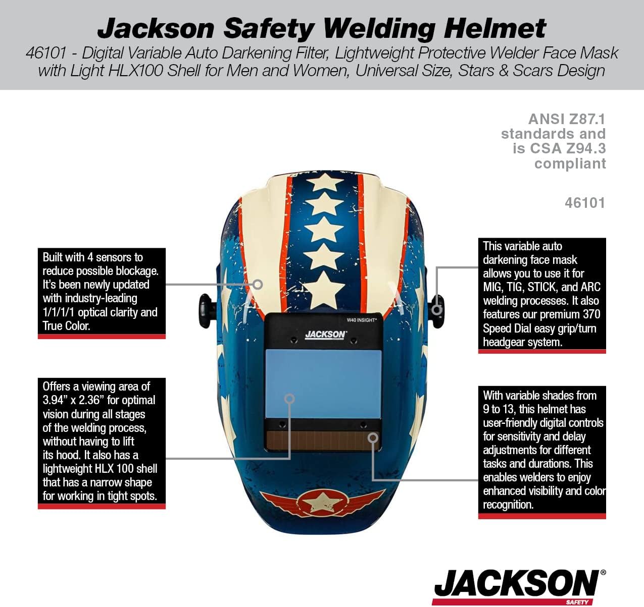 Jackson Safety Welding Helmet, 46101 - Digital Variable Auto Darkening Filter, Lightweight Protective Welder Face Mask with Light HLX100 Shell for Men and Women, Universal Size, Stars & Scars Design: Tools & Home Improvement