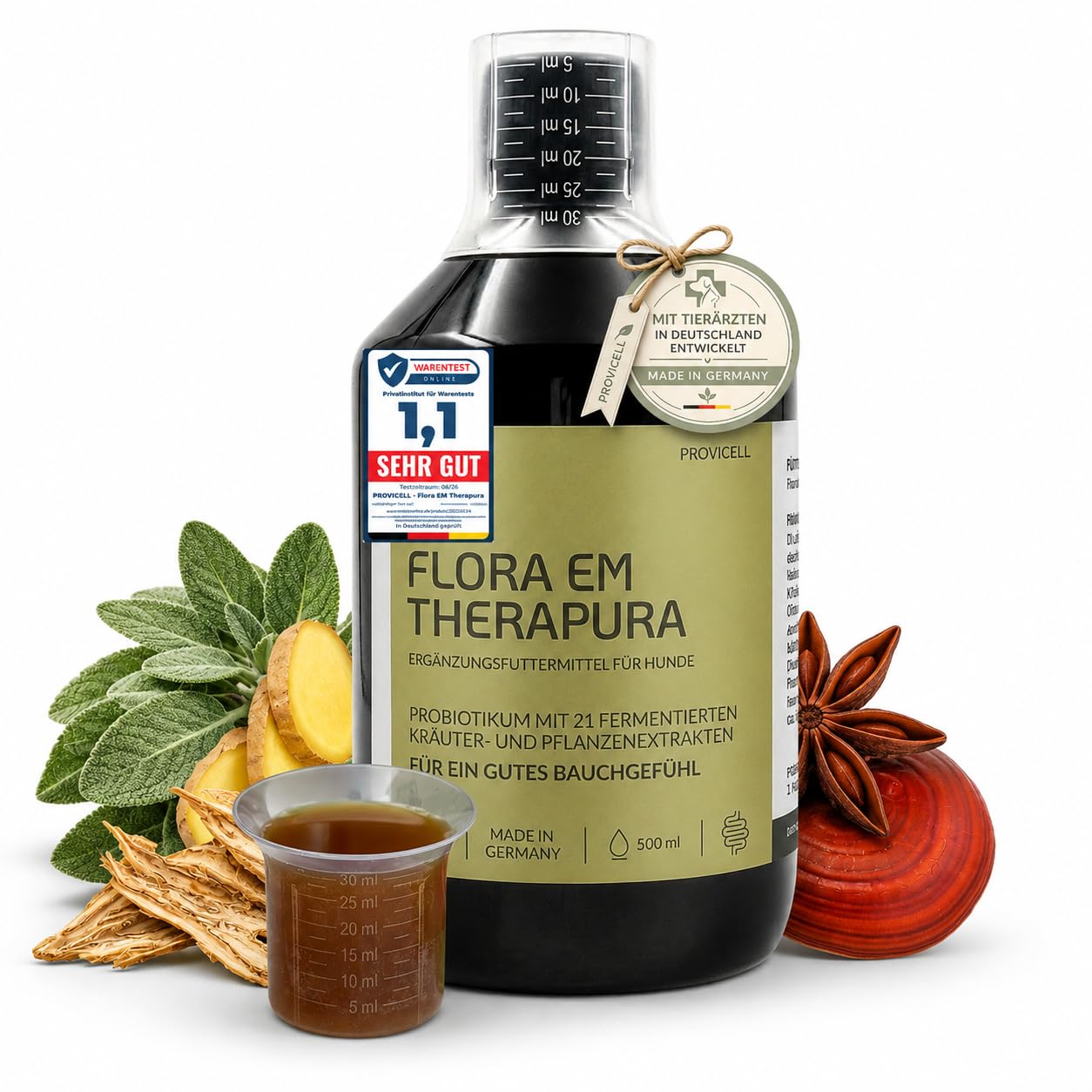 Flora EM Therapura Probiotique pour chien 500 ml liquide – Structure de la flore intestinale avec 21 herbes fermentées, micro-organismes et extraits de plantes – Digestion naturelle du chien
