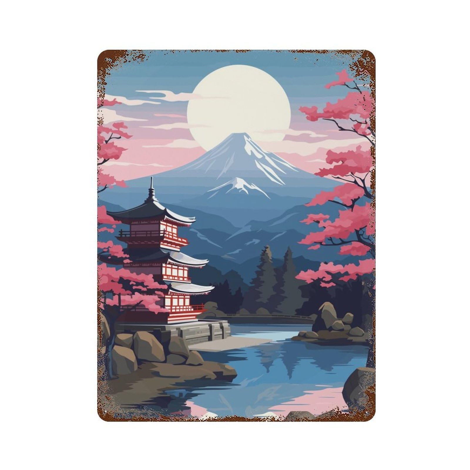 Rust Effect Tin Sign Japanese Temple Landscape 15.7"x11.8", Vintage Wall Decor for Basement, Hobby Room And Garage Decor