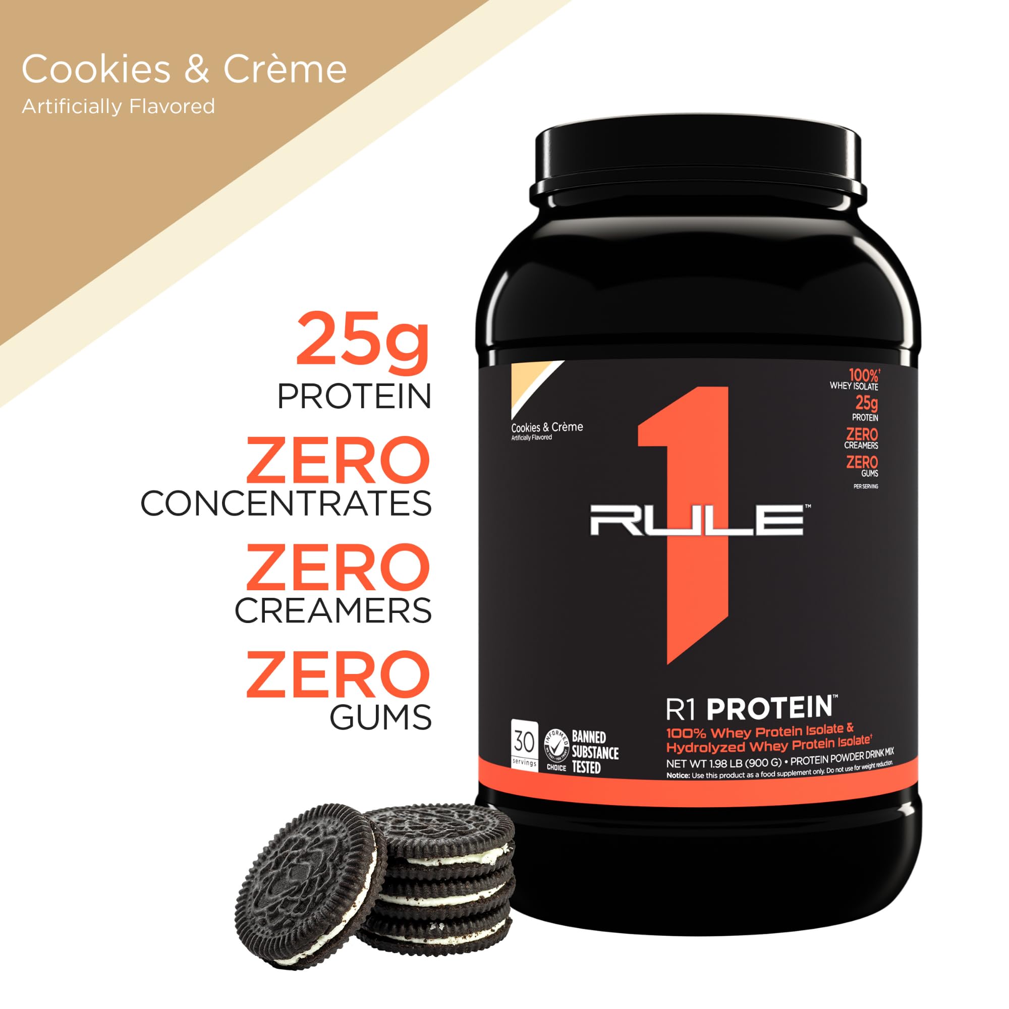 Rule One Proteins R1 Protein - 25g Fast-Acting, Super-Pure 100% Isolate and Hydrolysate Protein Powder with 6g BCAAs (2 Pounds*, Cookies and Crème)