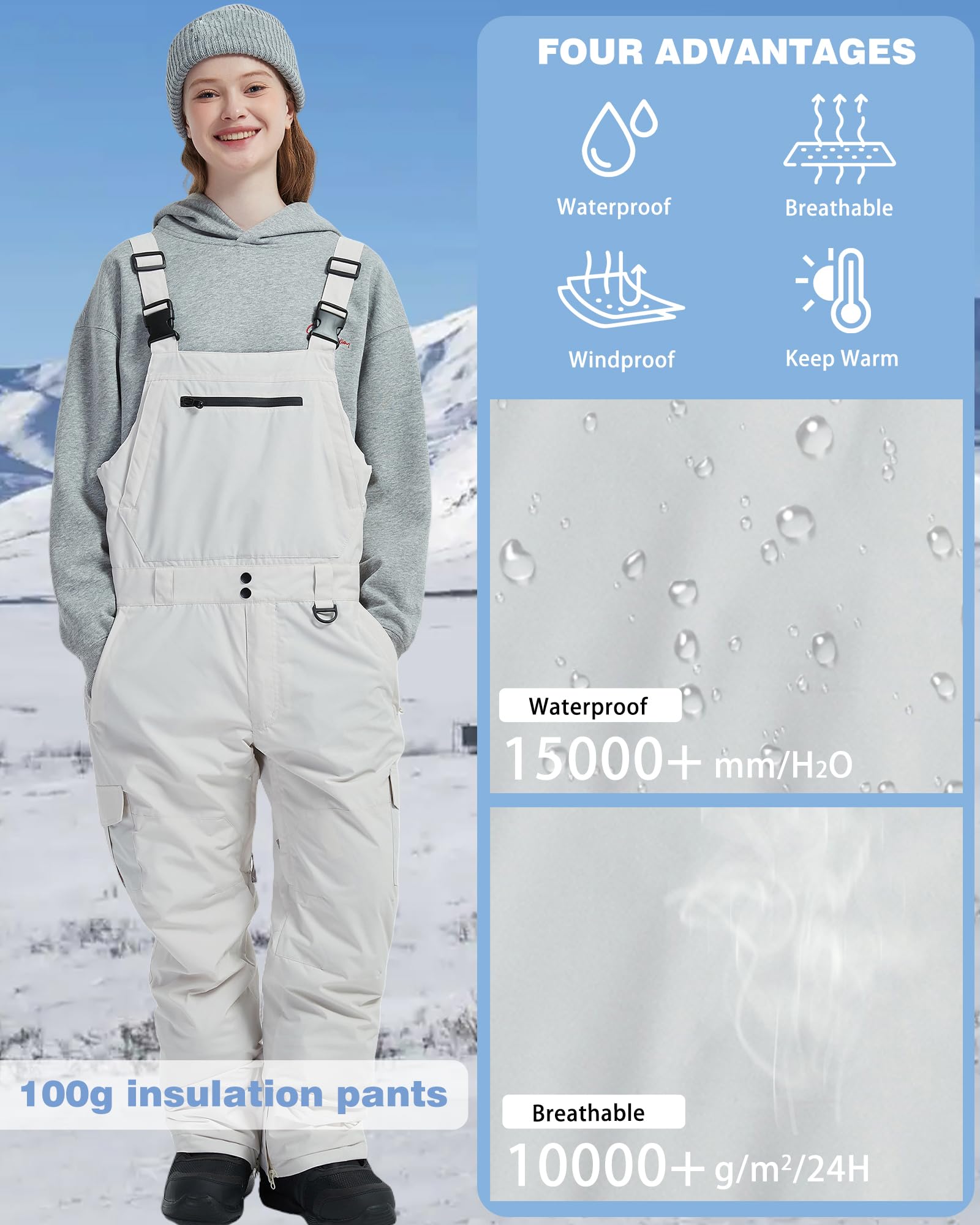 BUMDEEP Salopette da neve da uomo e da donna, salopette regolabili, antivento e impermeabili, pantaloni da sci isolanti e caldi