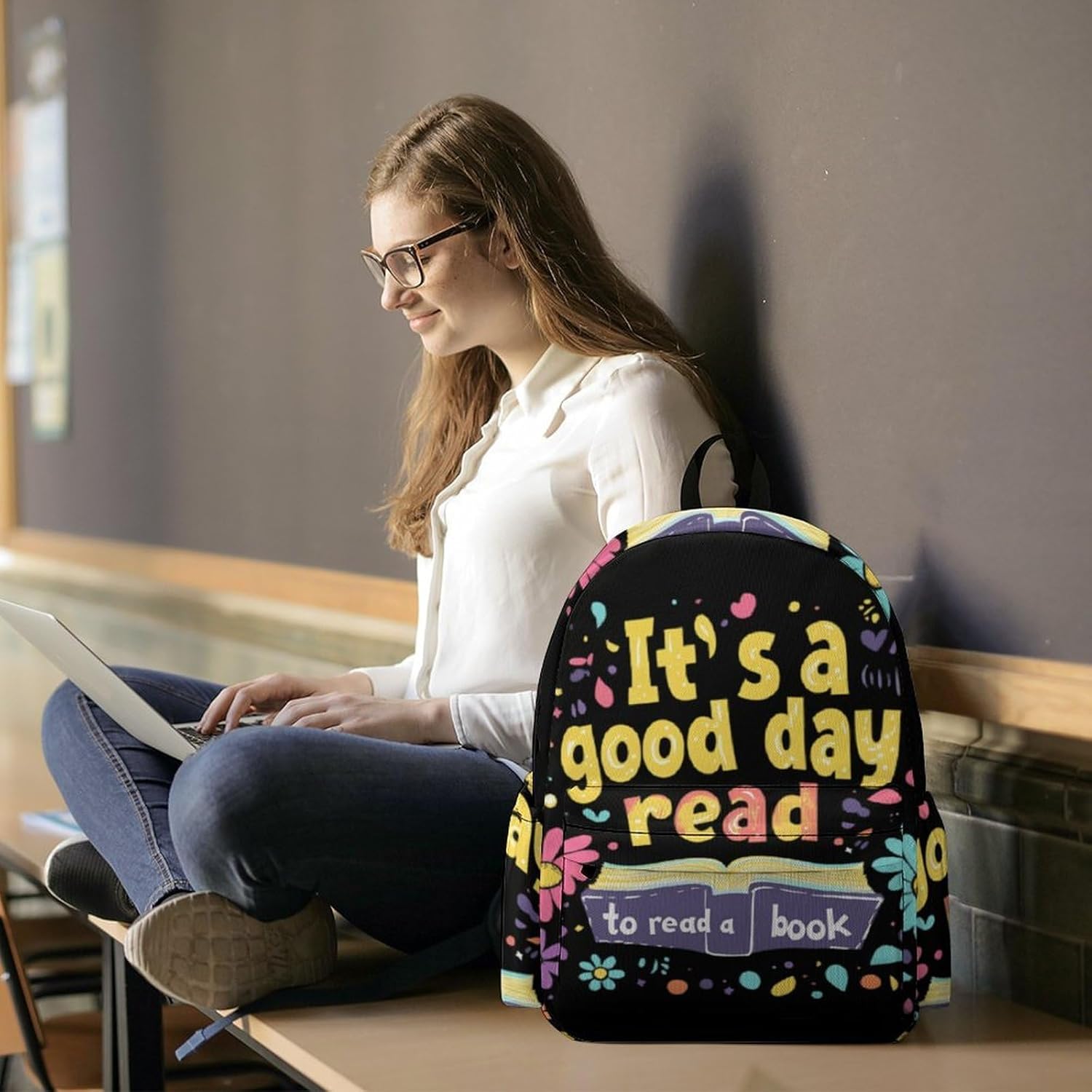 It's A Good Day to Read A Book Casual Backpack Daypack 16.5 Inch Fashion Double Shoulder Bag for Women
