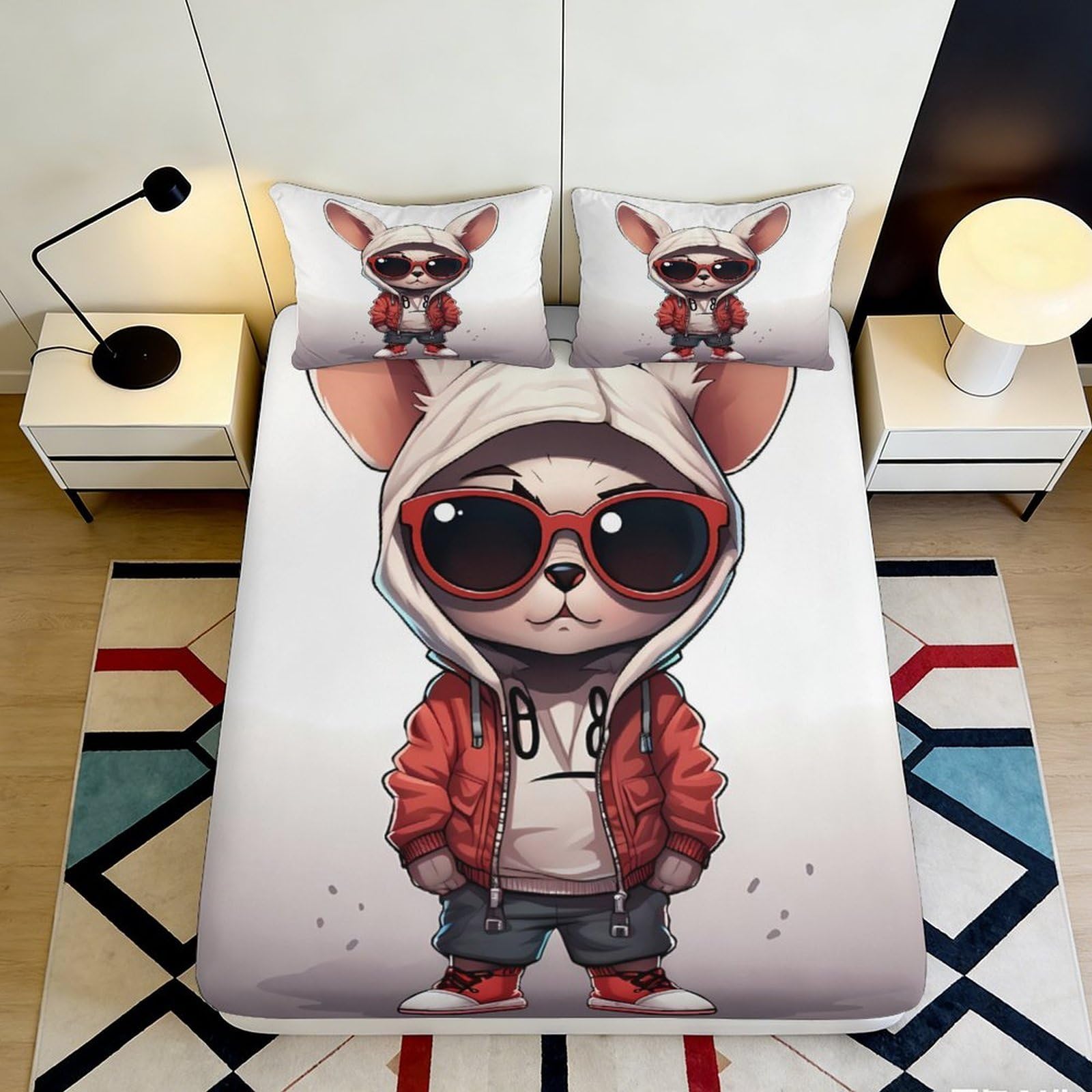 3D Printed Cartoon Mouse Fitted Sheet Microfiber Non-Slip Youth Bedroom Decor Hip Hop Animal Mattress Cover 160x200x25cm