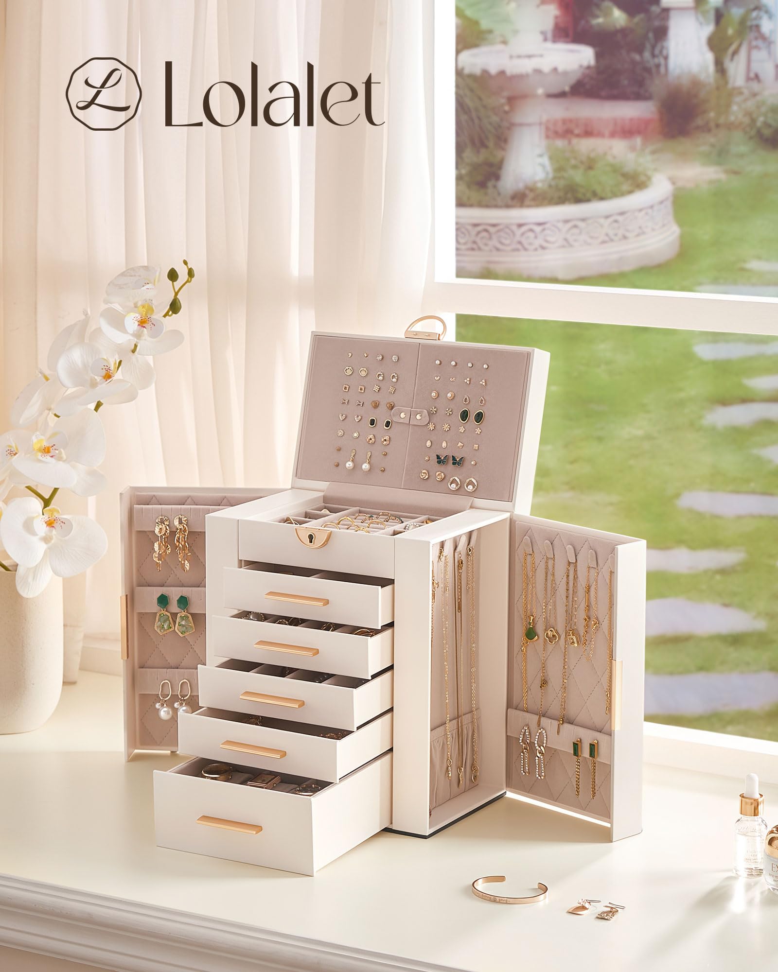 Lolalet Caja Organizadora de Joyas Grande 6 niveles con Espejo Beige | con Cerradura, para Anillos, Pendientes, Pulseras, Collares y Relojes. Ideal para Hogar y Regalos para Mujeres