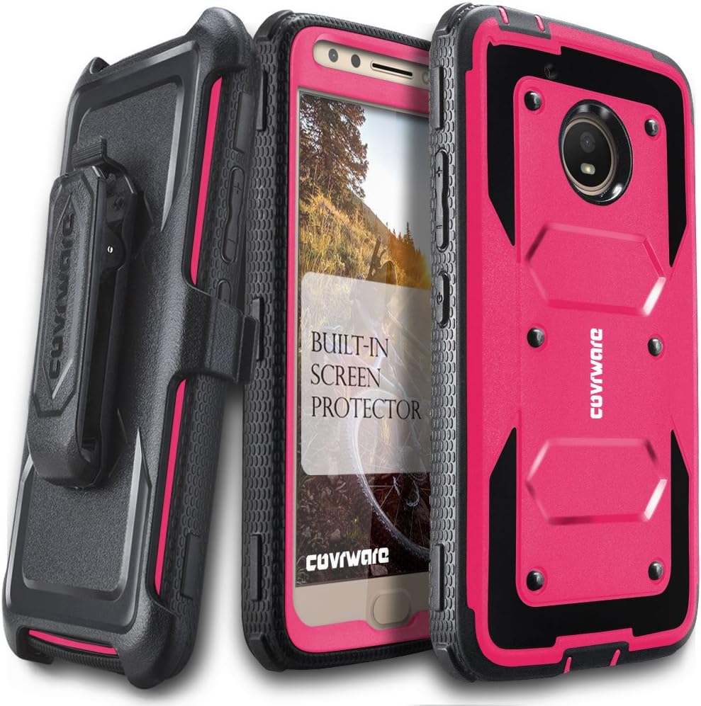 COVRWARE Aegis Series Case Compatible with Moto E4 with Built-in [Screen Protector] Heavy Duty Full-Body Rugged Holster Armor Case [Belt Swivel Clip][Kickstand], Pink
