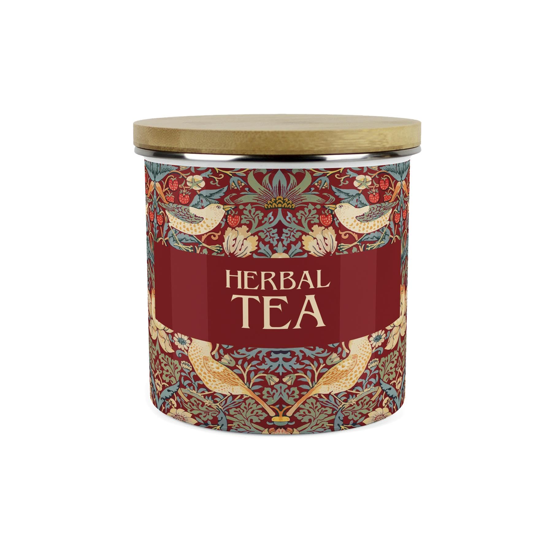 Purely Home Herbal Tea Red Strawberry Thief Storage Canister - Morris Inspired Floral Tapestry Artwork - Large Enamel Hot Drinks Kitchen Storage Container